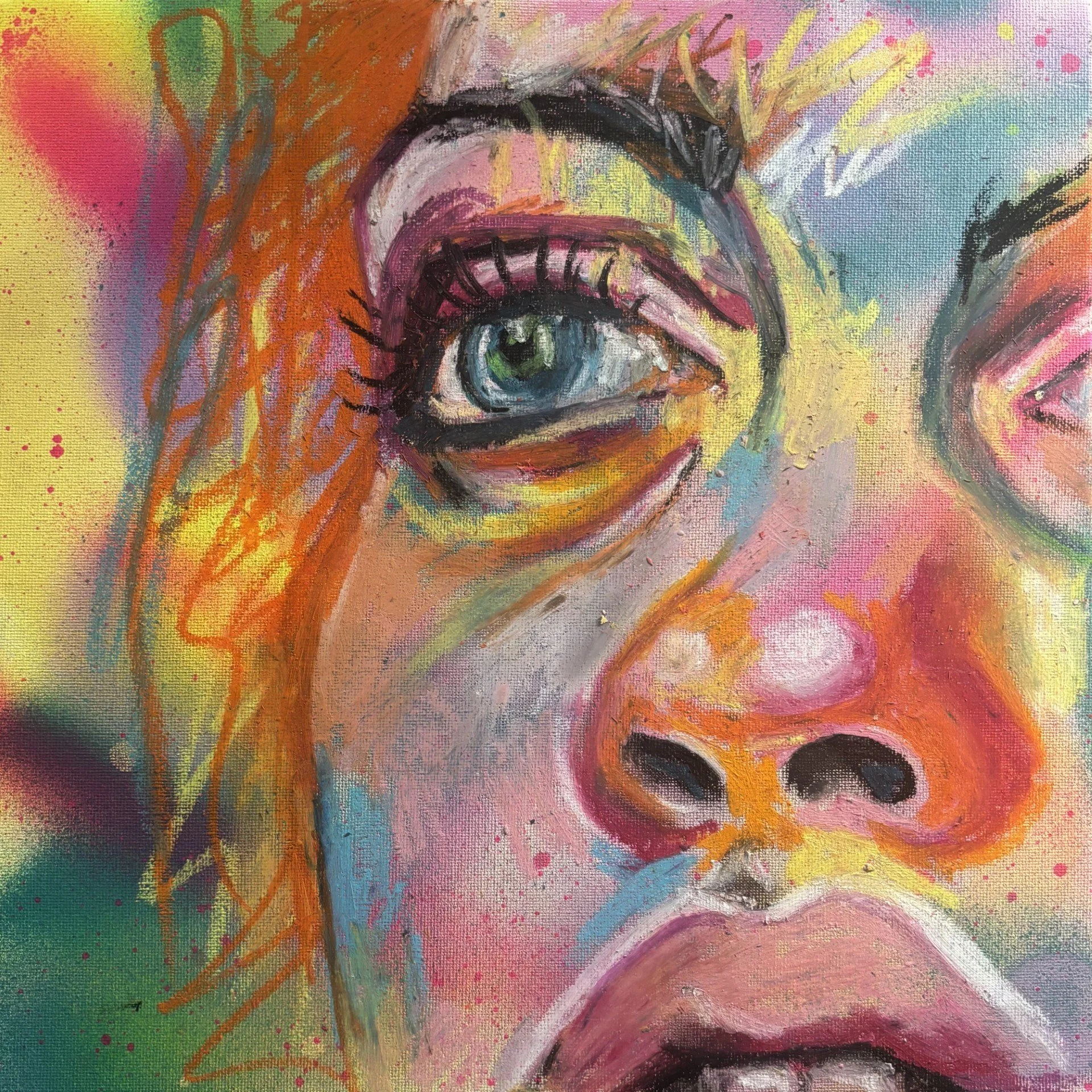 Colorful abstract painting of a face, featuring a large eye with detailed lashes and a blue-green iris, vibrant pink and yellow skin tones, and exaggerated lips, with expressive brushstrokes and splashes of color.