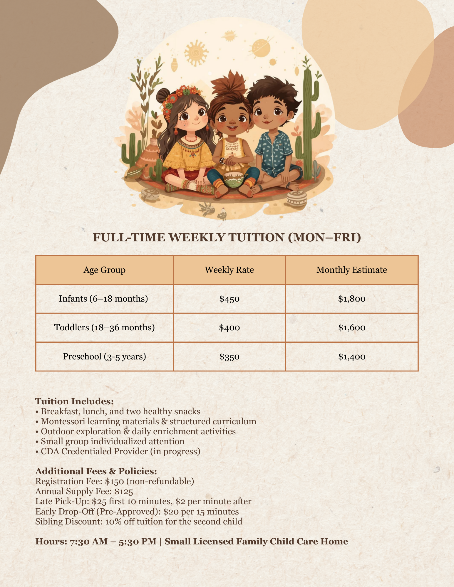 Illustration of three children sitting on a mat outdoors surrounded by desert plants and cacti, with a celestial background including stars, planets, and suns. Tuition, fees, and policy included.