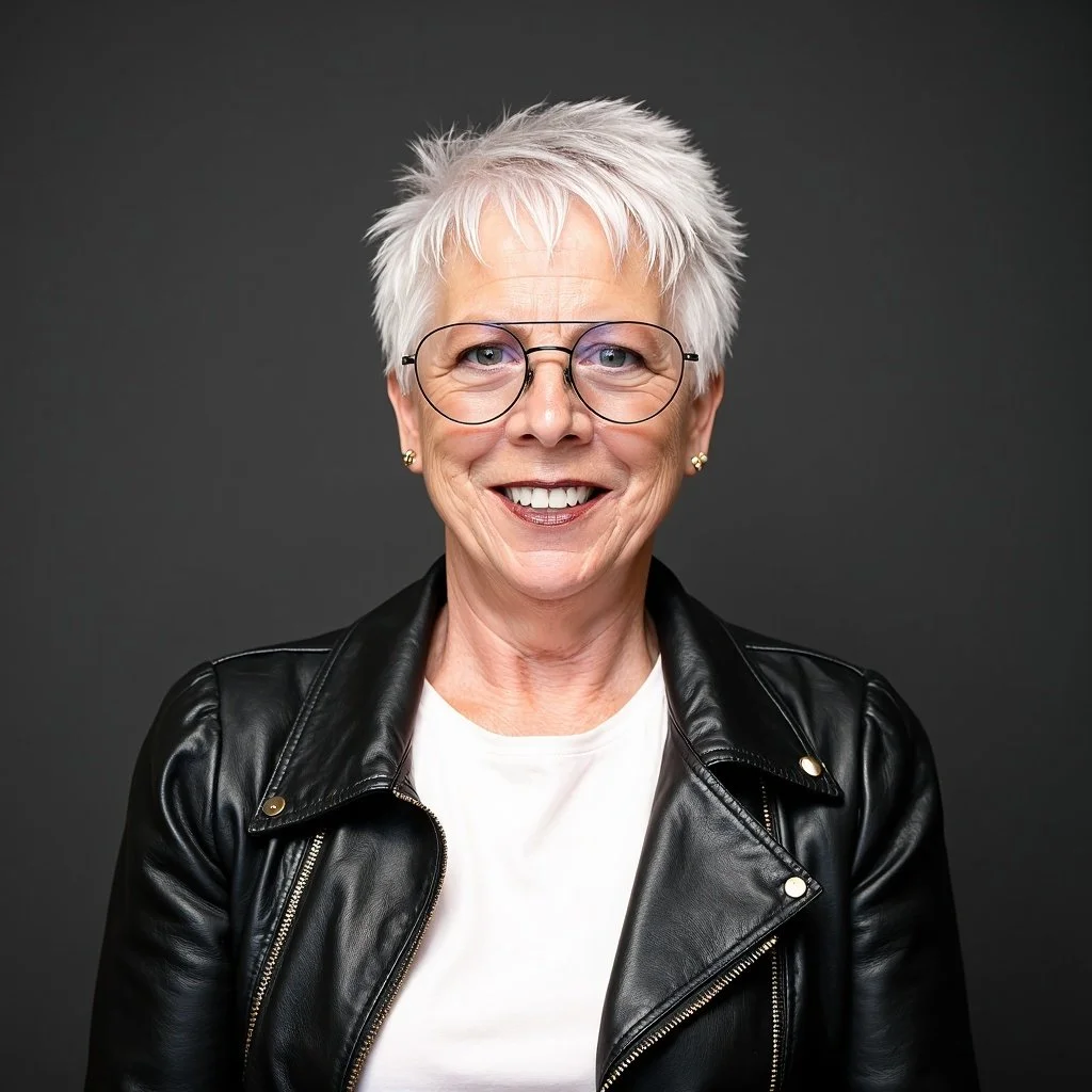 A smiling older woman with short white hair, wearing glasses, earrings, a white shirt, and a black leather jacket against a dark background.