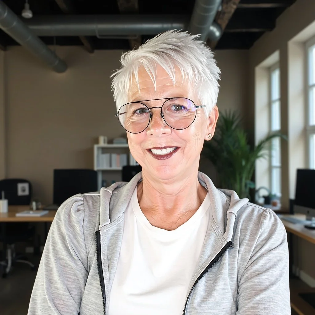 A smiling older woman with short white hair, wearing round glasses and a light gray hoodie, sitting in an office with large windows and plants in the background.