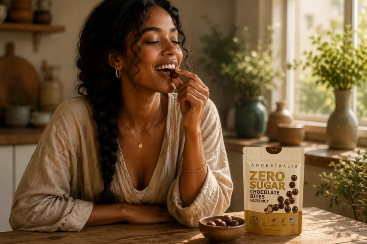 Woman enjoying ANCESTRALIS chocolate bite