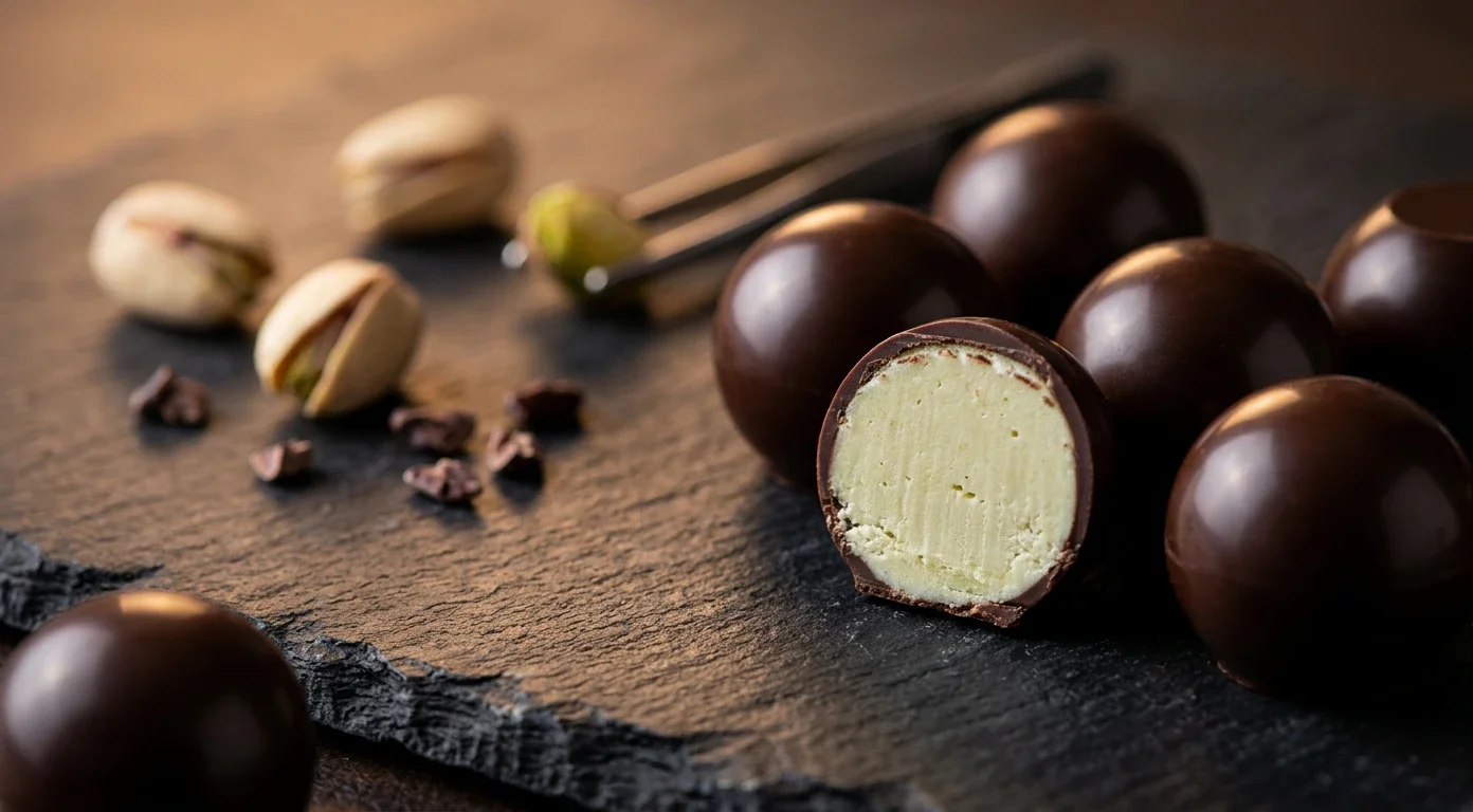 Premium zero sugar pistachio chocolate bites crafted with allulose by ANCESTRALIS.