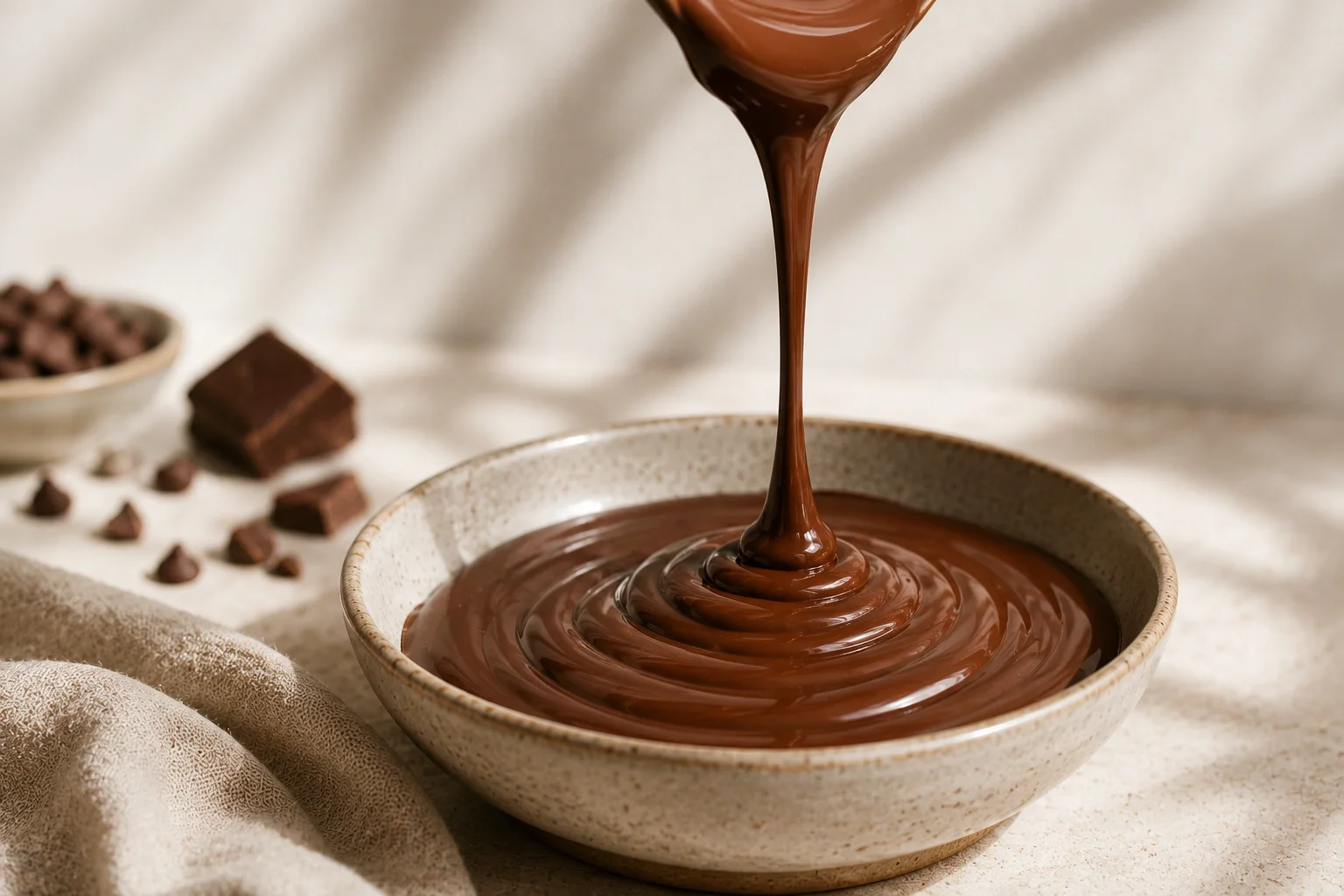 Premium milk chocolate melting during the crafting process.