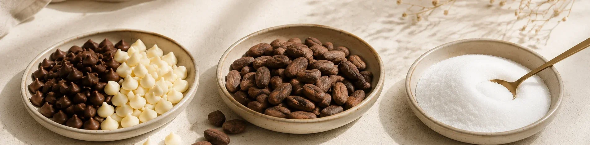 Chocolate chips, cacao beans and allulose used to craft premium zero sugar chocolate.
