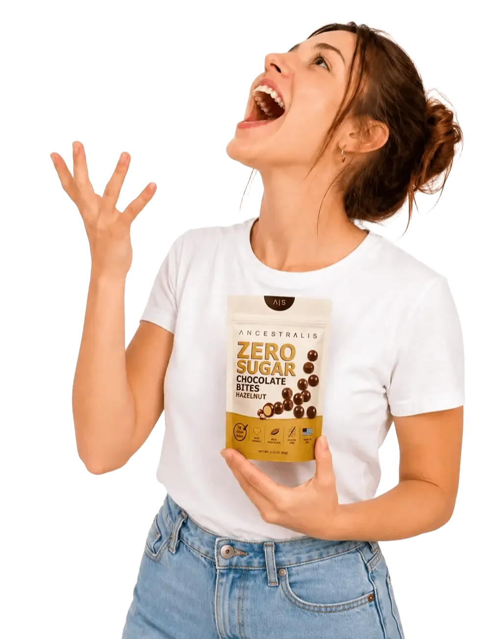 Woman enjoying ANCESTRALIS sugar free milk chocolate hazelnut bite with creamy filling