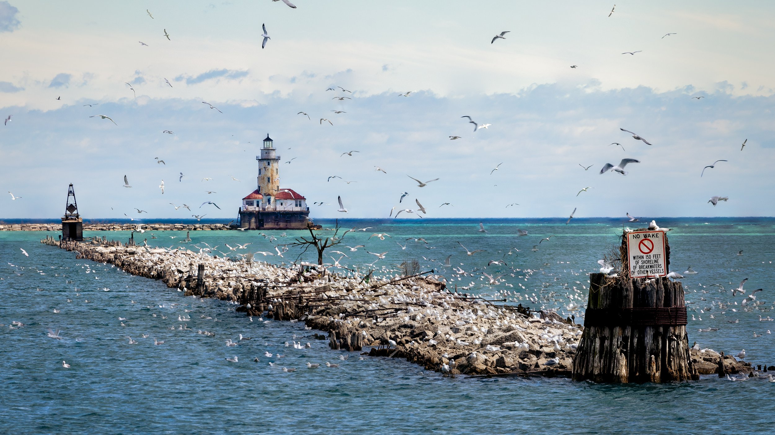 Lighthouse on a pier with a sign that says 'No Wake' surrounded by seagulls over water, with another structure nearby and a cloudy sky in the background.