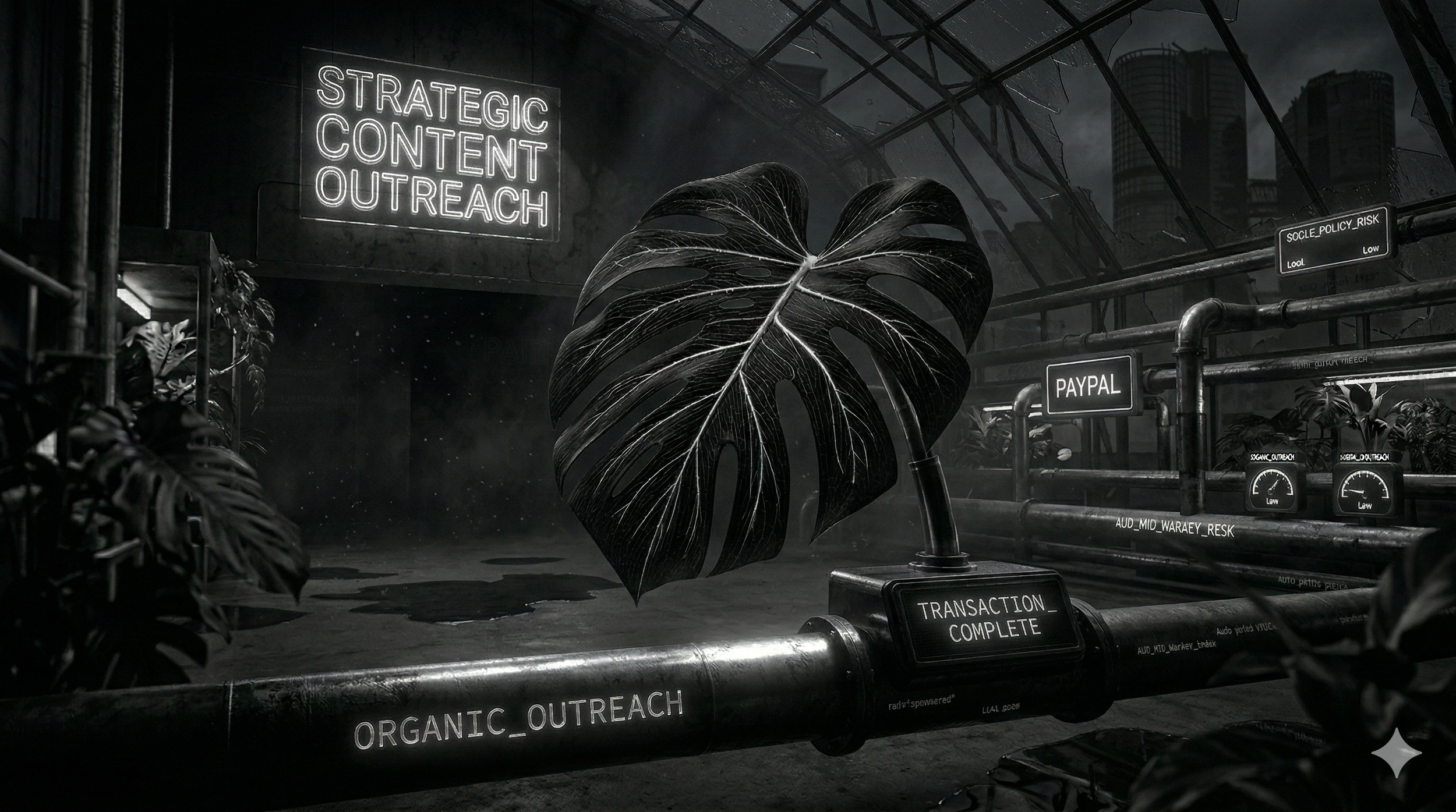 Monochrome, industrial greenhouse scene with a large monstera leaf beside pipes labelled ORGANIC_OUTREACH, a neon sign reading STRATEGIC CONTENT OUTREACH, and UI-like labels including PAYPAL and TRANSACTION COMPLETE.