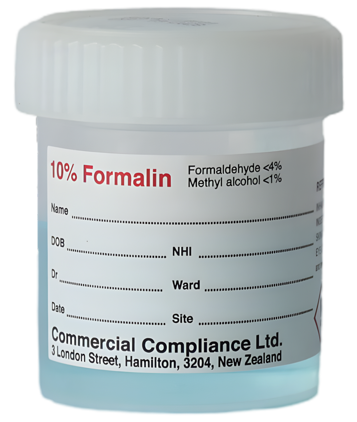 A prescription bottle labeled 10% Formalin with details for patient and healthcare provider, including name, date of birth, doctor, ward, date, and site, manufactured by Commercial Compliance Ltd., located at 3 London Street, Hamilton, New Zealand.