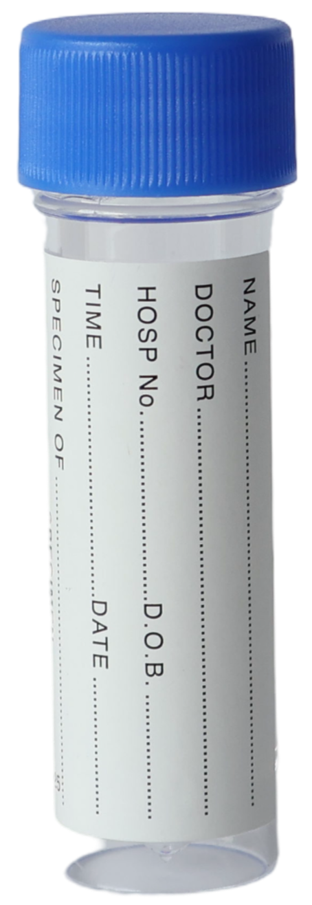A plastic prescription medication vial with a blue cap and a blank white label, indicating it is used for medicine storage or prescriptions.