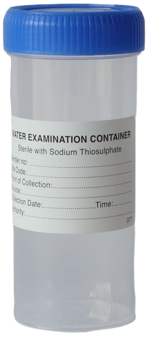 A clear plastic water examination container with a blue screw-on lid, labeled for sterile use with sodium thiosulphate, including fields for sample details.