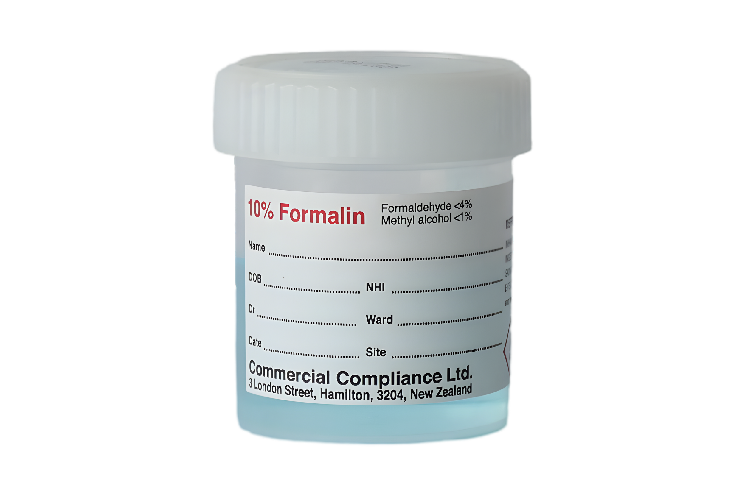 A prescription bottle labeled for 10% Formalin with details for patient name, date of birth, doctor, ward, and site, manufactured by Commercial Compliance Ltd. in Hamilton, New Zealand.
