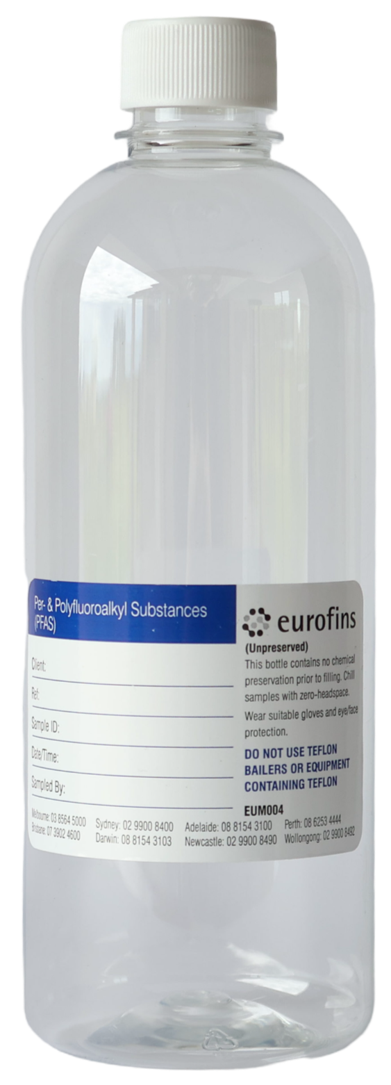Clear plastic bottle labeled 'Per- & Polyfluoroalkyl Substances (PFAS)' with a white cap and a white and blue label from Eurofins testing company.