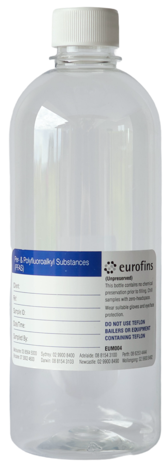 A clear plastic bottle labeled 'Pea & Polyfluoroalkyl Substances (PFAS)' from Eurofins, with a white screw-on cap and a blank label for filling in sample details.