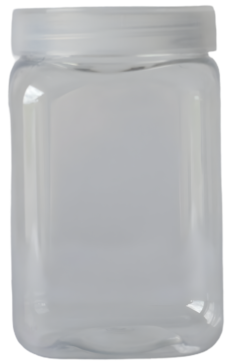 A clear jar with a secure lid, empty inside.