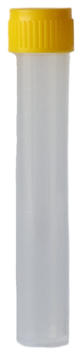 A plastic test tube with a yellow screw-on cap.