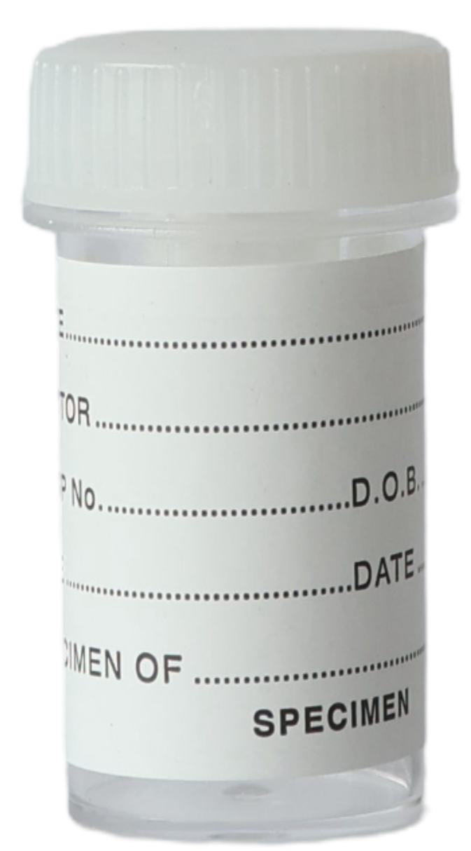 A white medicine prescription container with a white screw-on lid and labels for patient information.