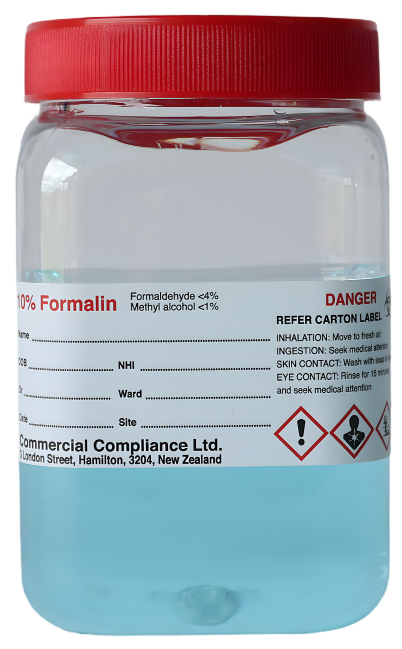 A clear plastic jar with a red lid containing a blue liquid, labeled as formalin.