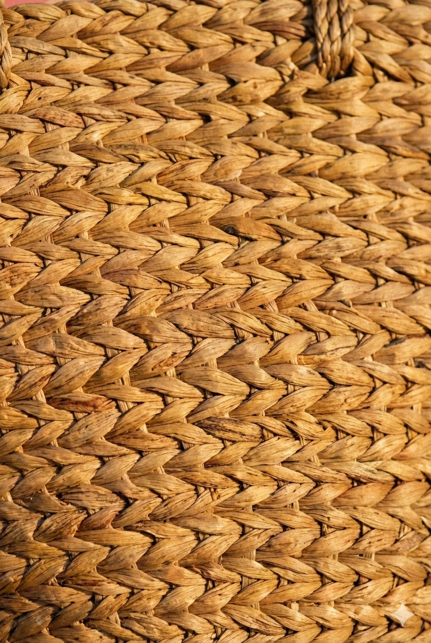 Close-up of woven natural fibers or rattan material in a tight, intricate pattern.