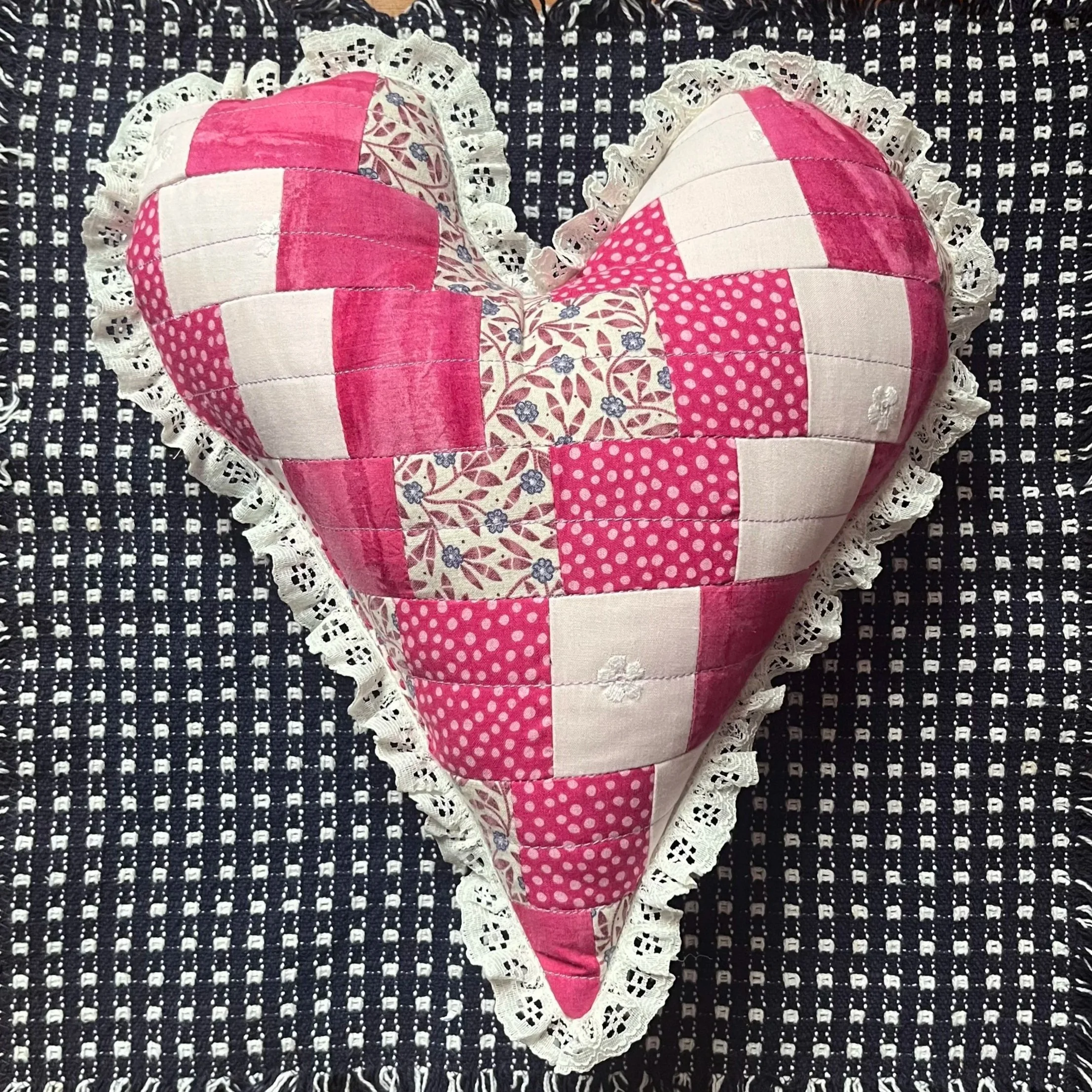 Quilted Pink Heart Pillow with Lace Trim