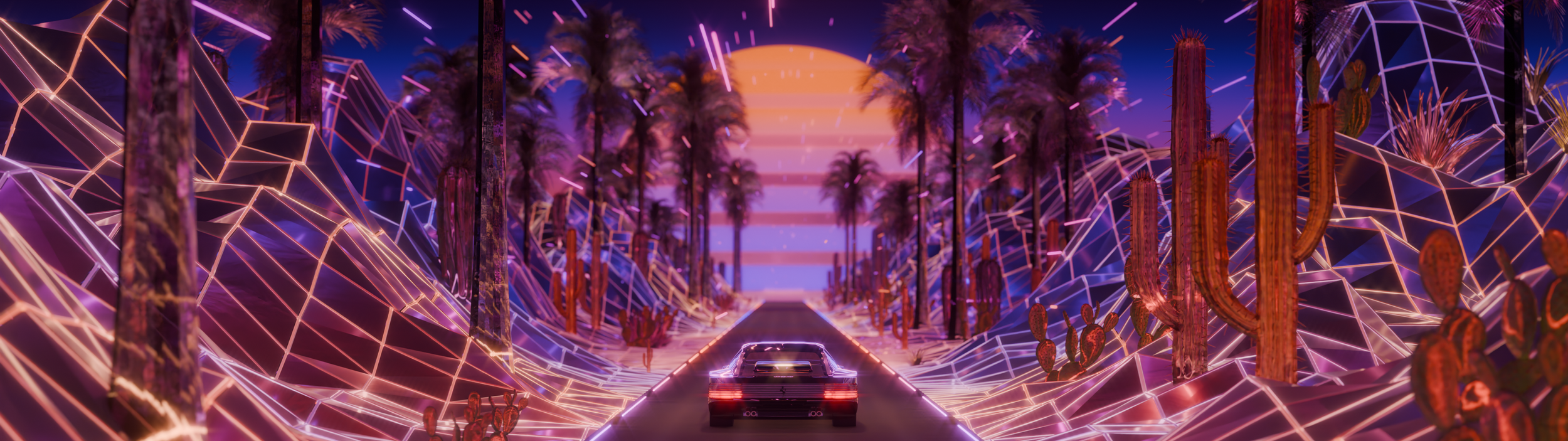 Custom Visuals for Idle Hands Summer, Immersive Cocktail Lounge, Ferrari with vapor wave trees and glowing neon