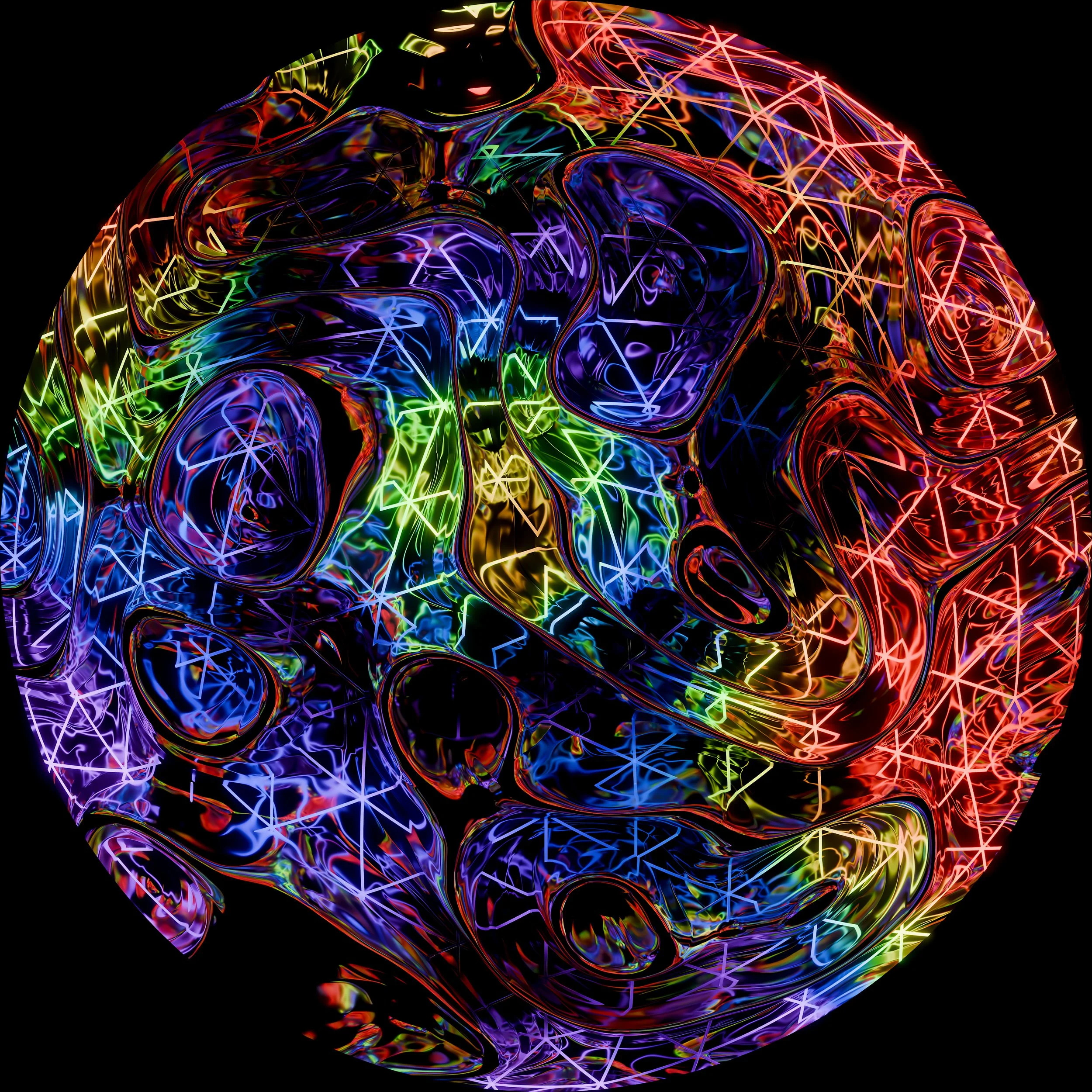 Dome visuals by NOVA Light Labs, neon tangle of glowing wireframe lines in red, green, and violet.