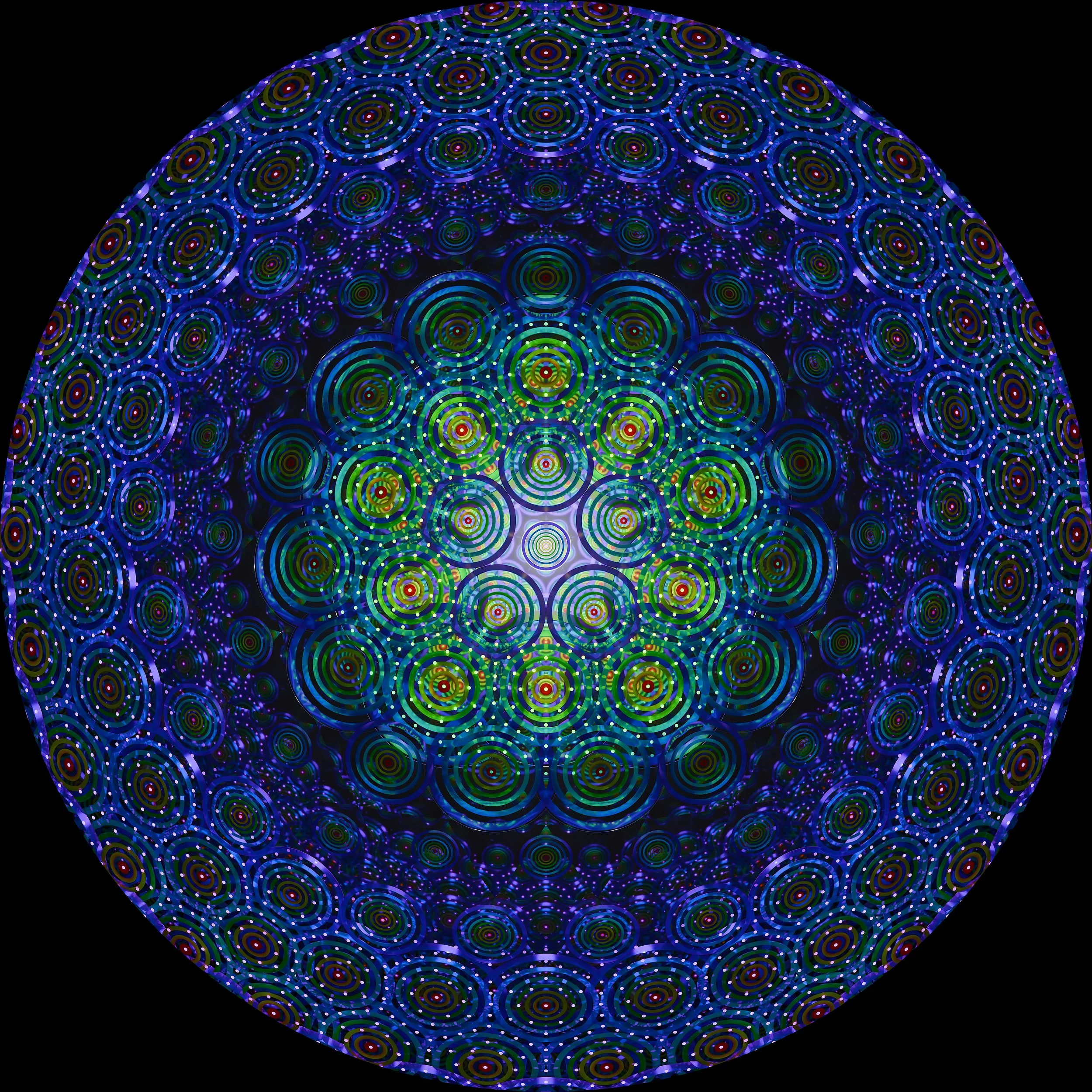 Dome visuals by NOVA Light Labs, concentric green and blue fractal ripples pulsing toward the rim.