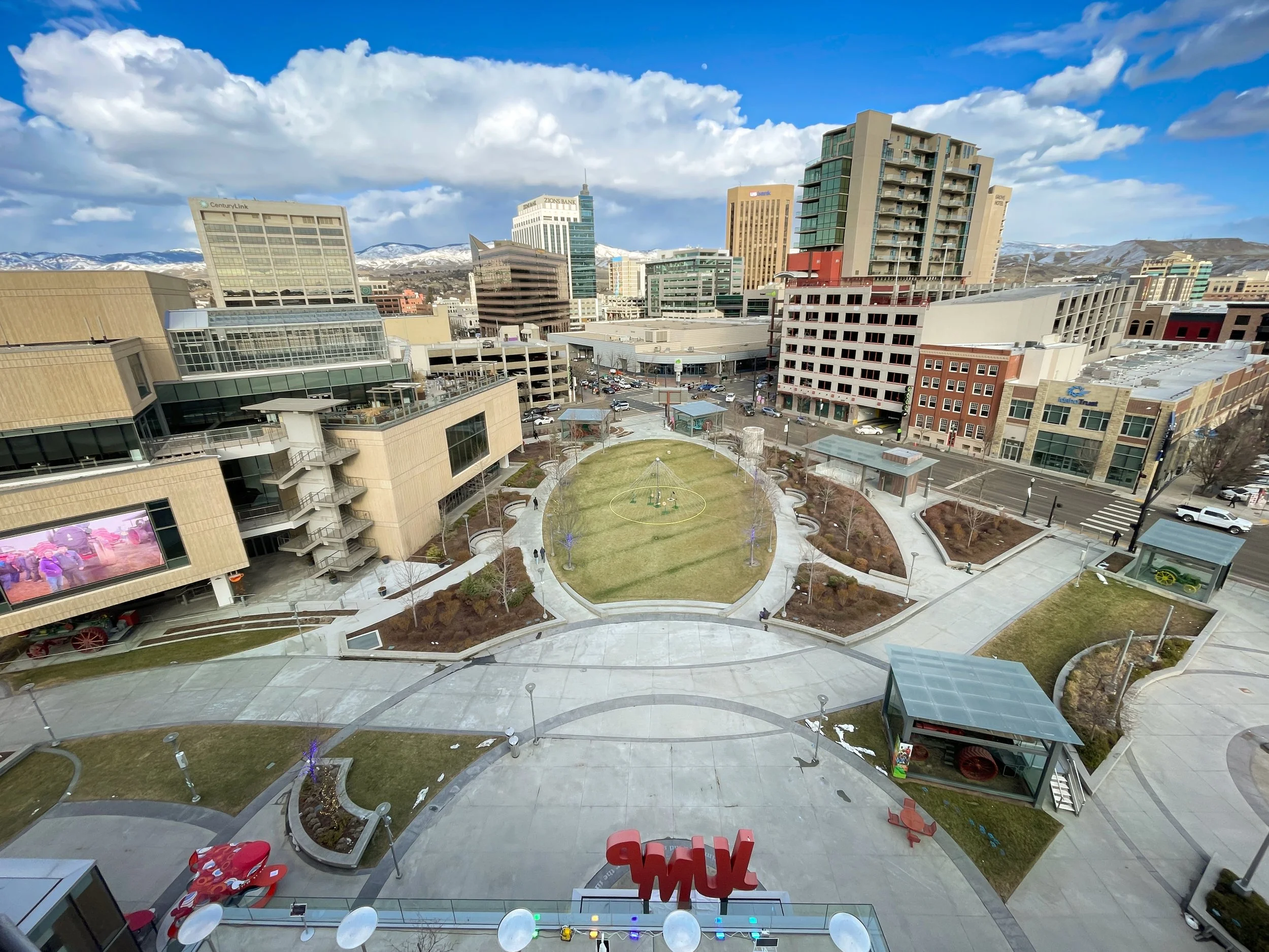 ILLUMIBRATE 2023 projection mapping at JUMP Boise, daytime plaza seen from the 5th story rig point
