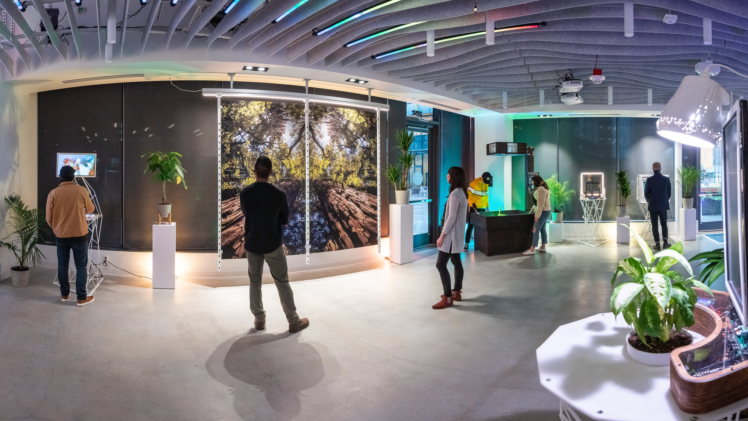 Guests at interactive art stations inside Periodic Pop-Up in Seattle, Washington, 1 facing the large tree print.