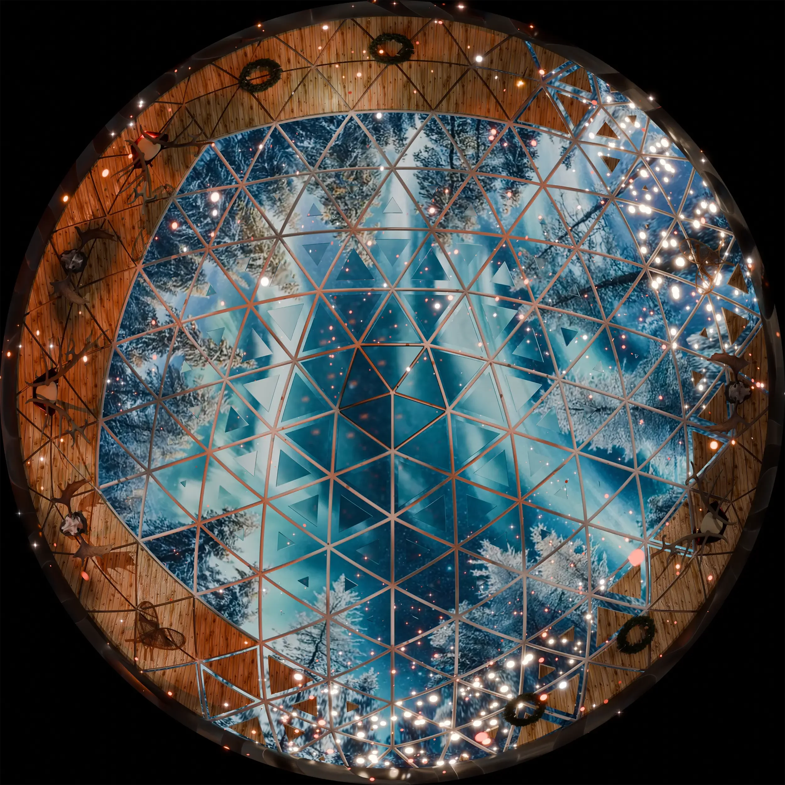 Projection dome interior, upward fisheye view of the geodesic ceiling with a snowy forest scene and lights.