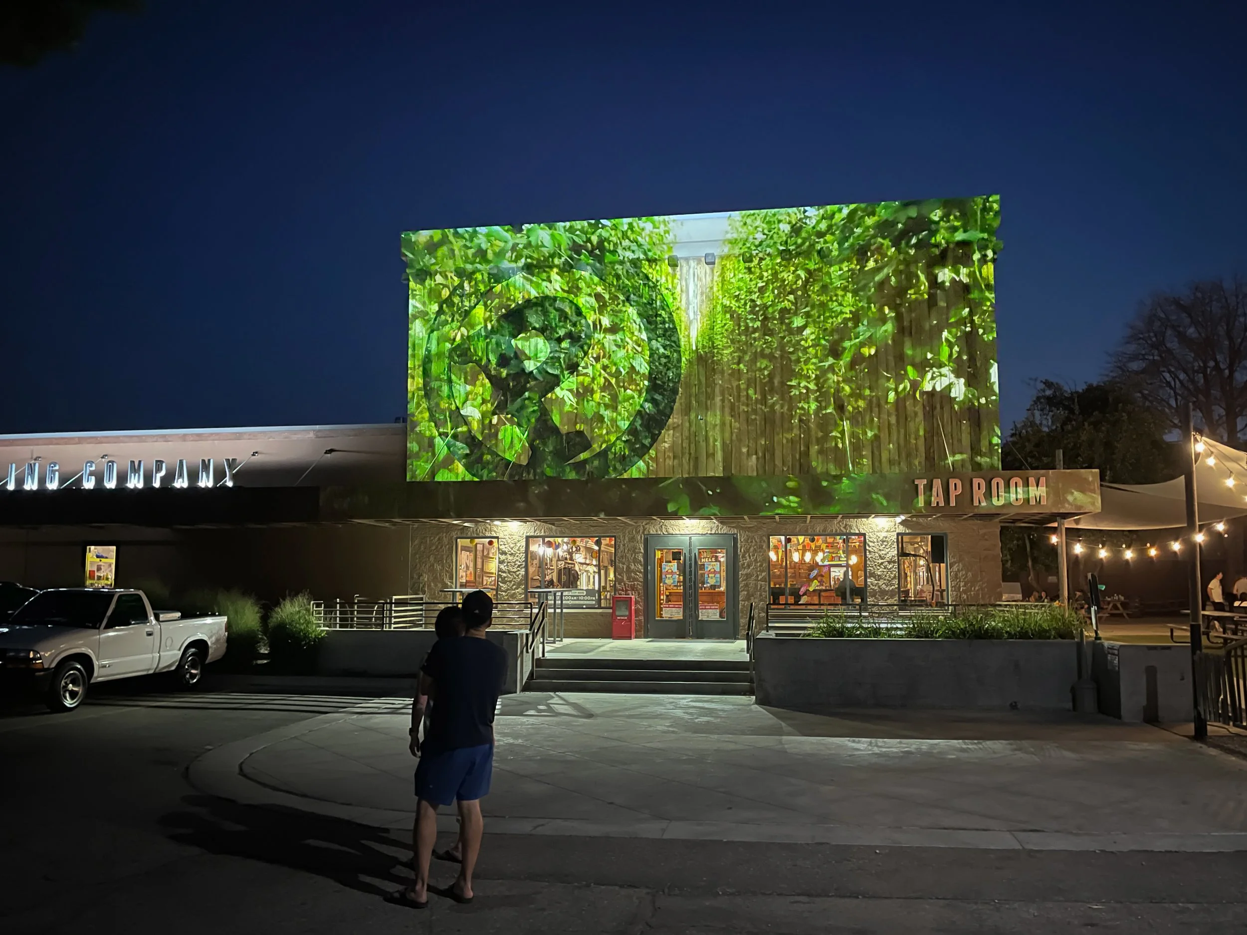 Green hop visuals projection mapped on the Payette Brewing taproom in Boise, 2 guests watching from below.