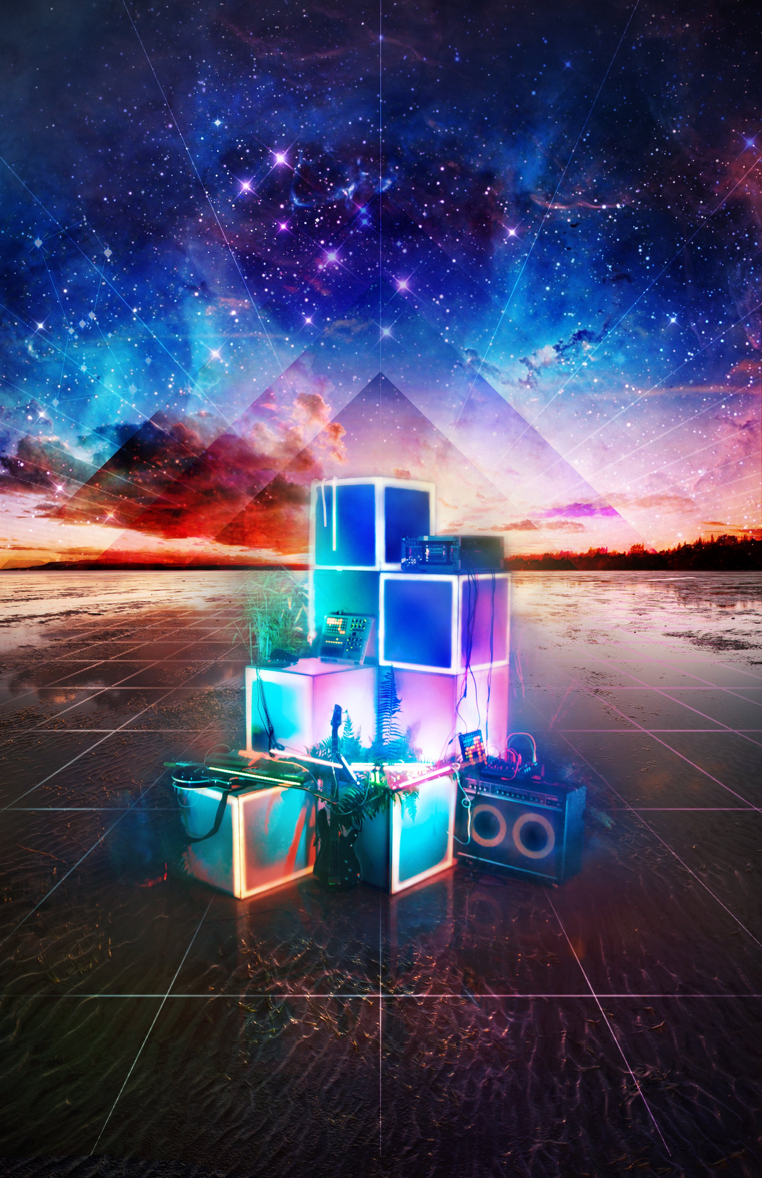 Live From Space poster art with a lit CUBIX cube stack and instruments on a tidal flat under a starfield sky