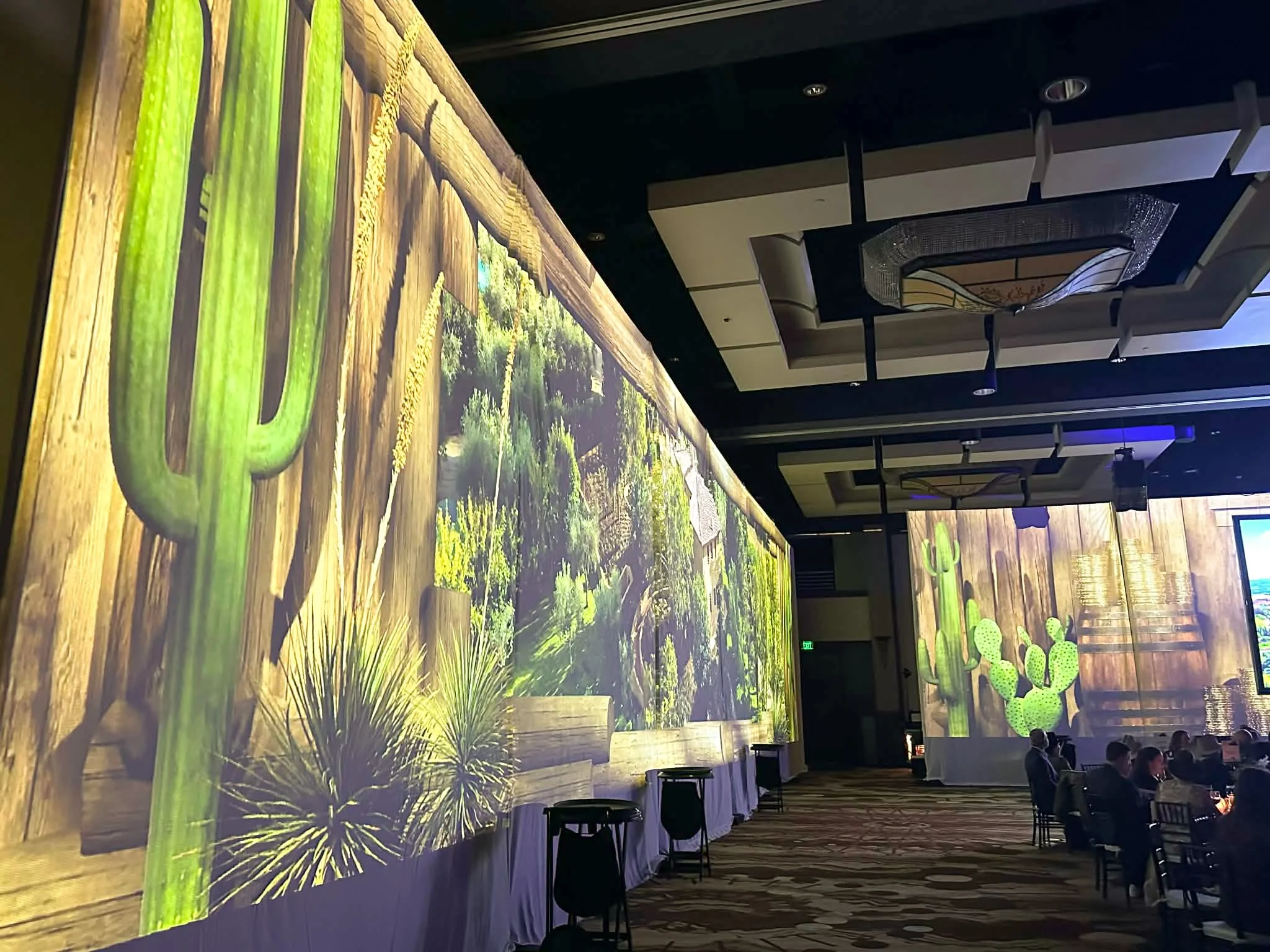 Saguaro and desert visuals projected on drape tower over gala tables, seen from close along the fabric.