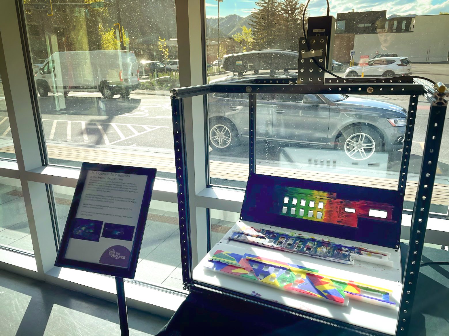 The Argyros projection mapping in Ketchum, Idaho, camera rig above the laser cut scale model of the building