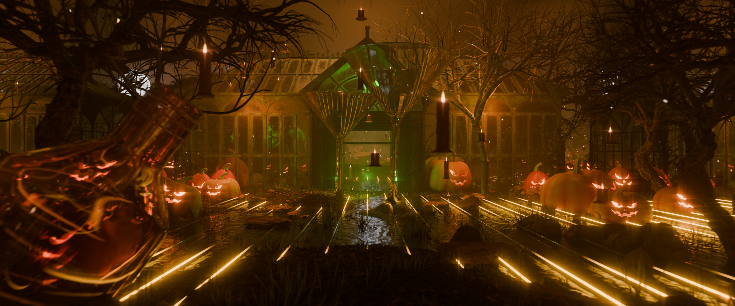 Ultrawide fall scene by NOVA Light Labs for Idle Hands Phoenix, lit pumpkins and a green glass conservatory in the swamp