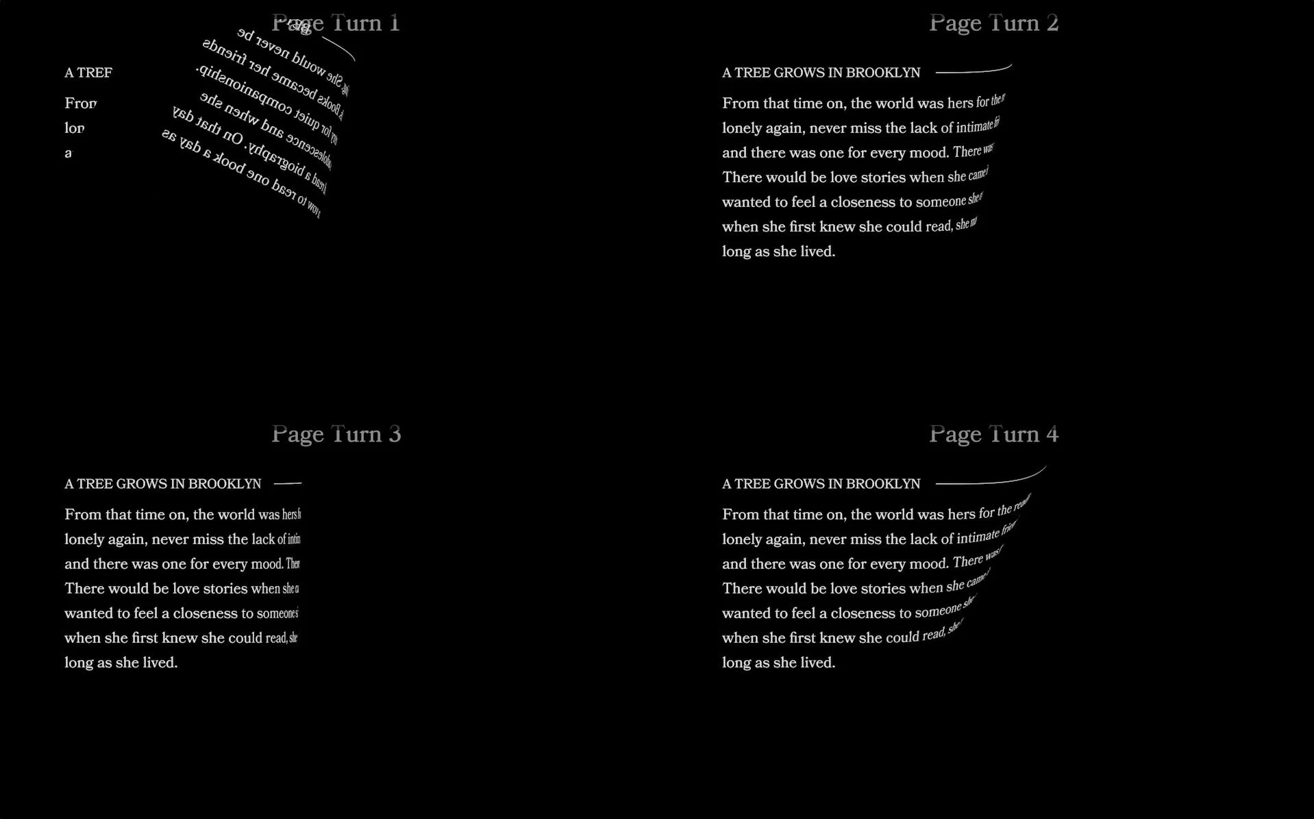 Amazon Seattle headquarters custom visuals, four page turn frames of the animated book text sequence.