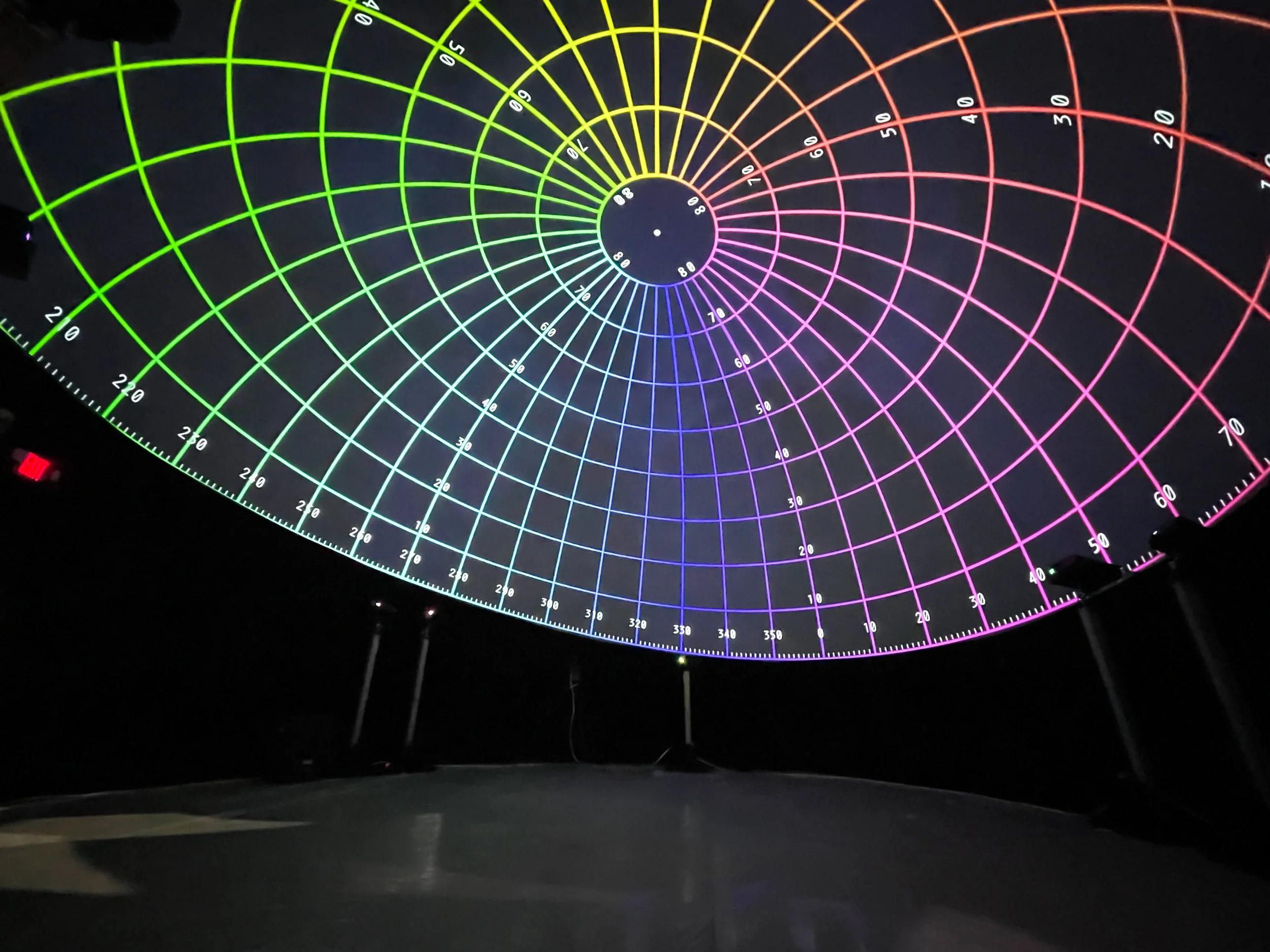 Dome projection mapping test grid in Hollywood filling the ceiling with projectors on stands along the rim