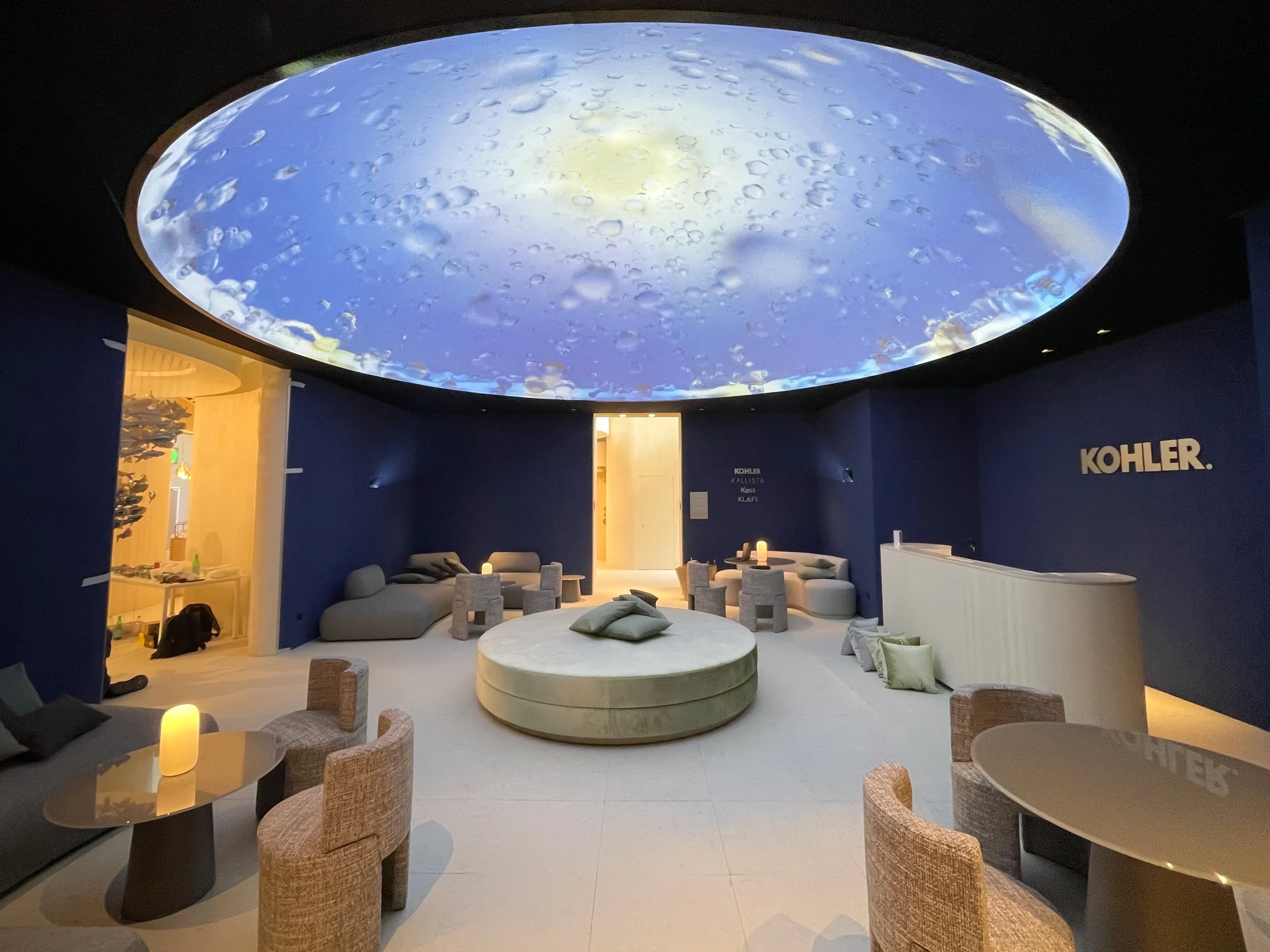 Kohler dome projection mapping at Salone del Mobile, full lounge below falling water visuals