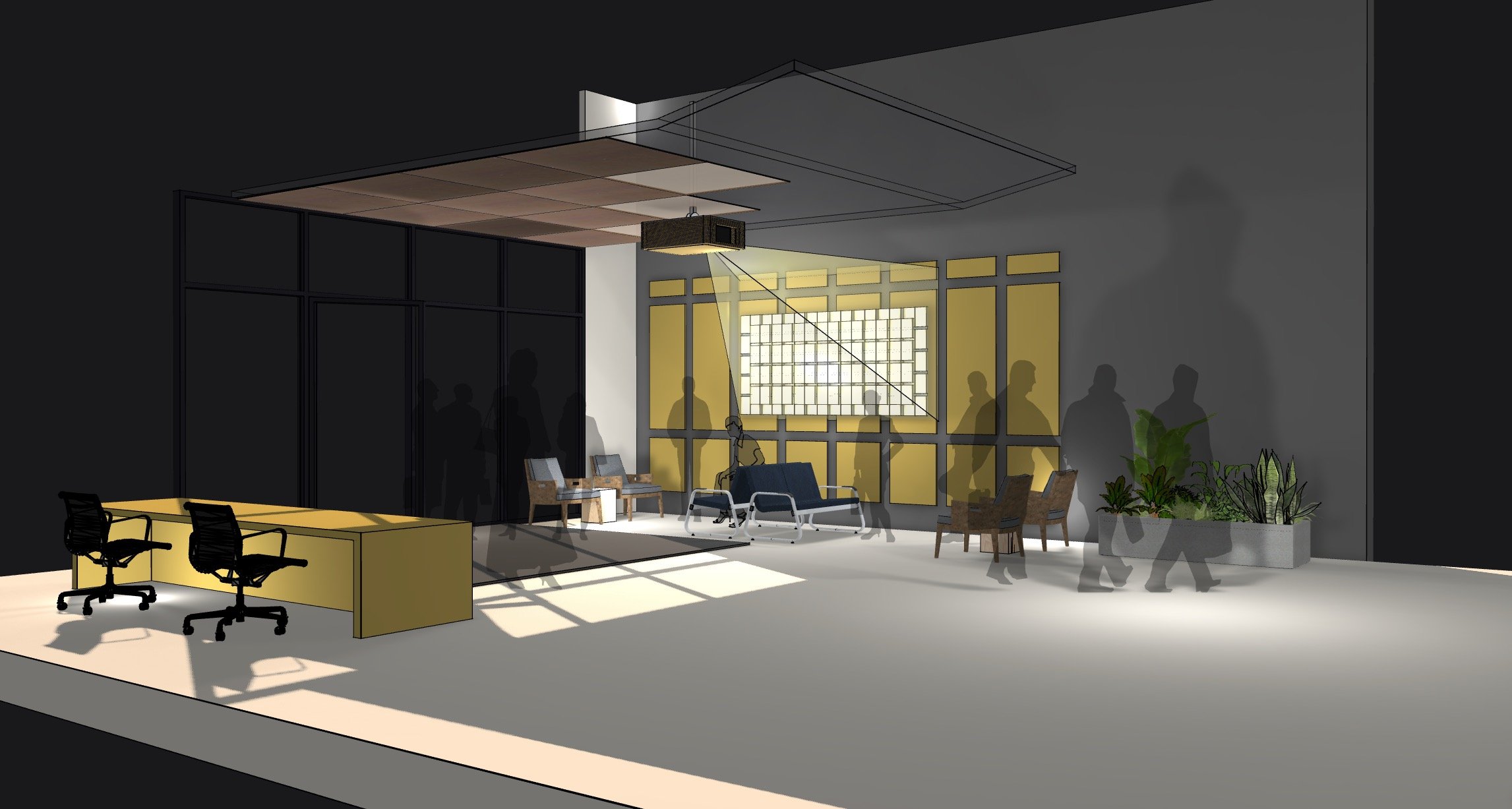 Amazon Seattle headquarters projection mapping, 3D design render of the lobby system and sightlines.