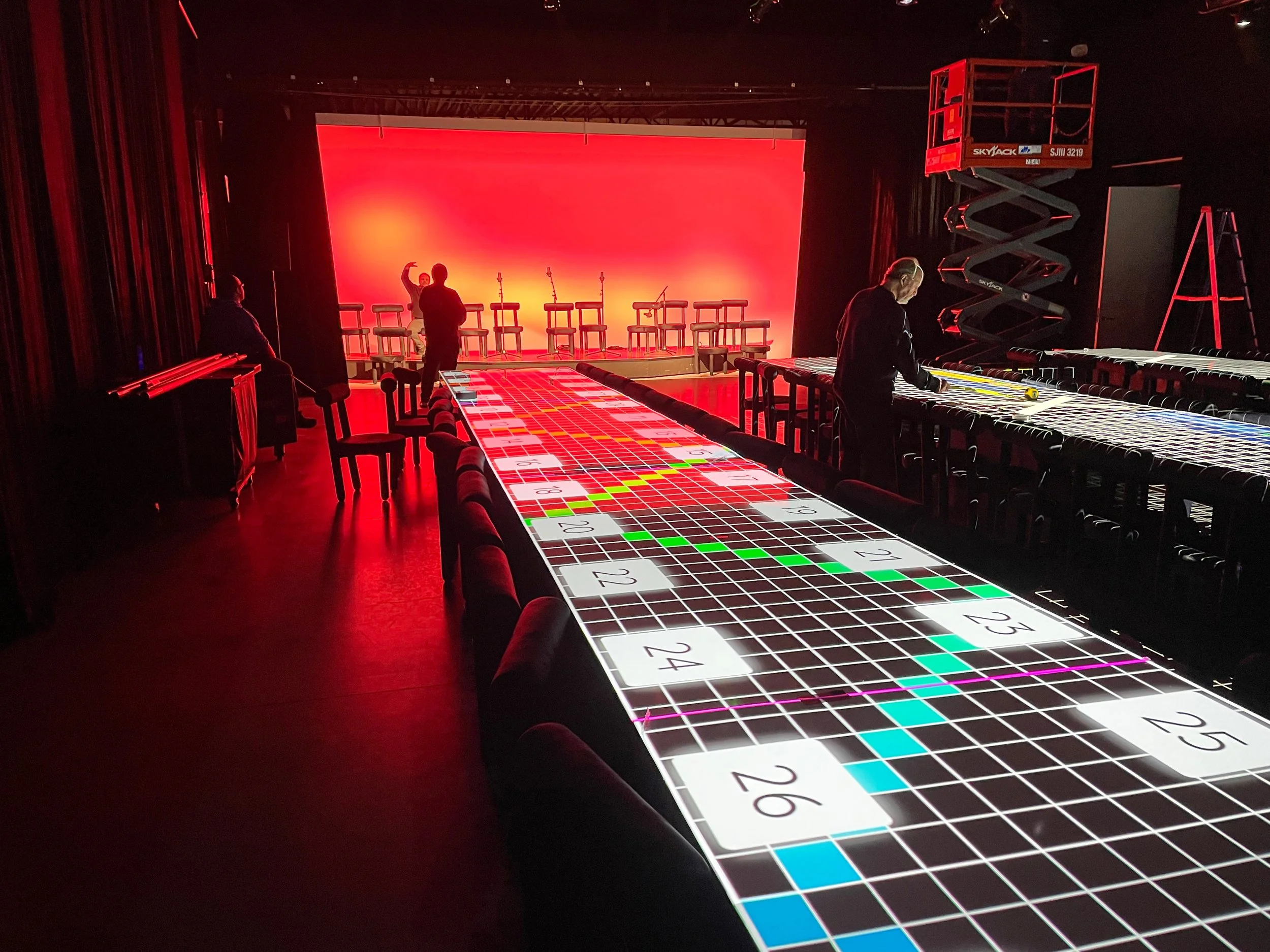 Kohler K150 projection mapping setup, numbered calibration grid aligned down the banquet table
