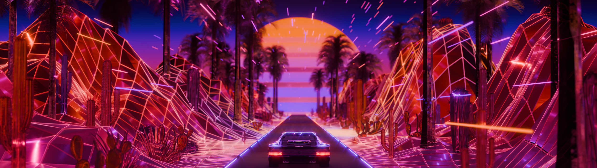 Custom Visuals for Idle Hands Summer, Immersive Cocktail Lounge, Ferrari with vapor wave trees and glowing neon