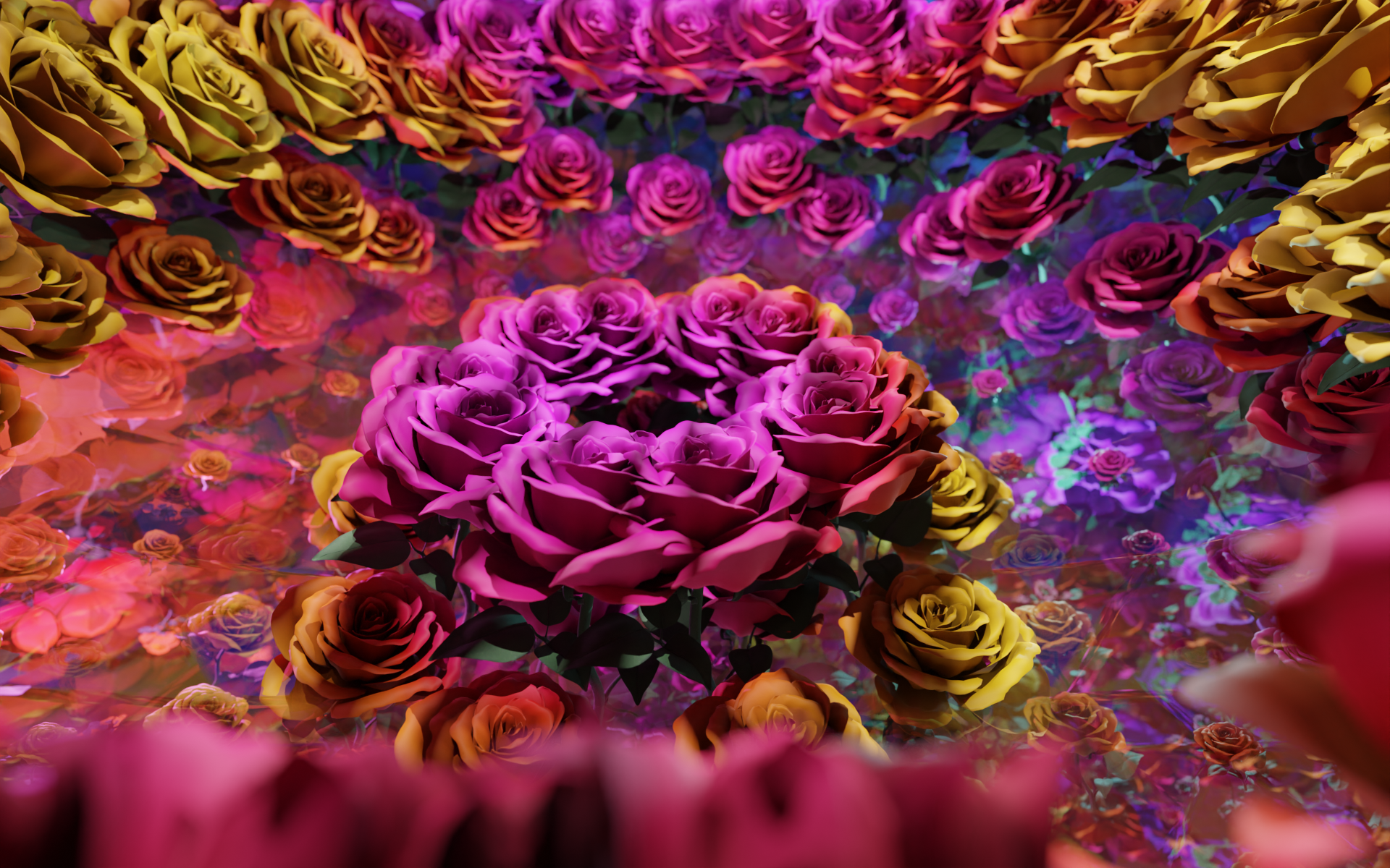 Custom dome visuals rendered in 3D, a fisheye field of pink and gold roses filling the full sky