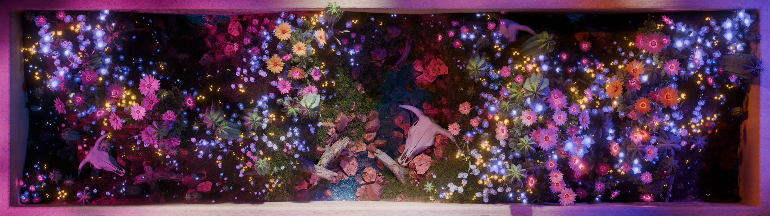 Full ultrawide spring scene for Idle Hands Phoenix, illuminated desert flowers and a skull across the stone bordered frame