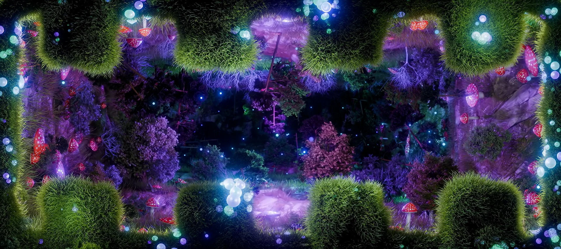 Custom table projection artwork by NOVA Light Labs with a violet forest, mushrooms, and hedges framing each place setting
