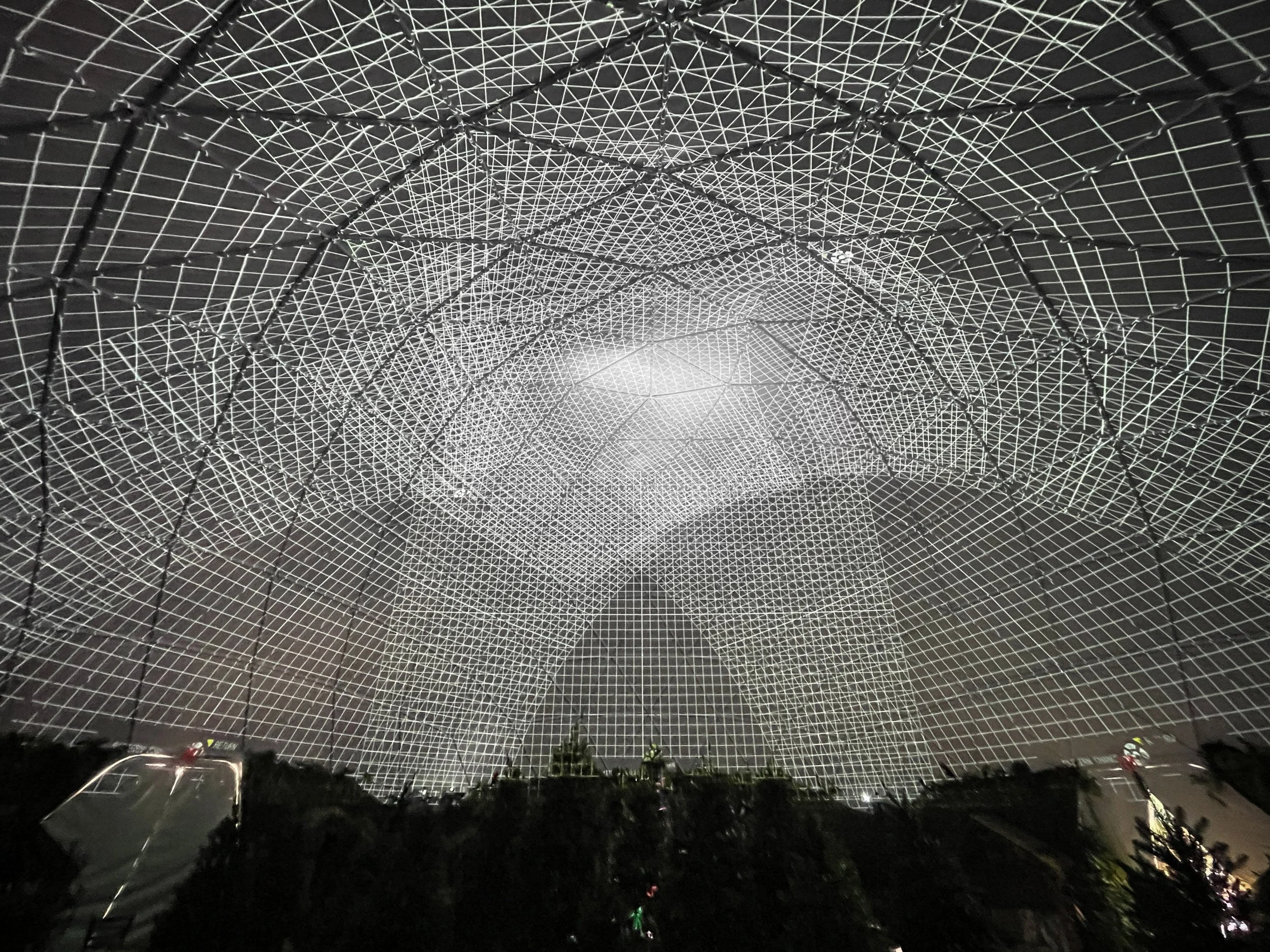 Ember Lounge projection mapping system at Desert Ridge Marketplace, wireframe calibration grid across the dome