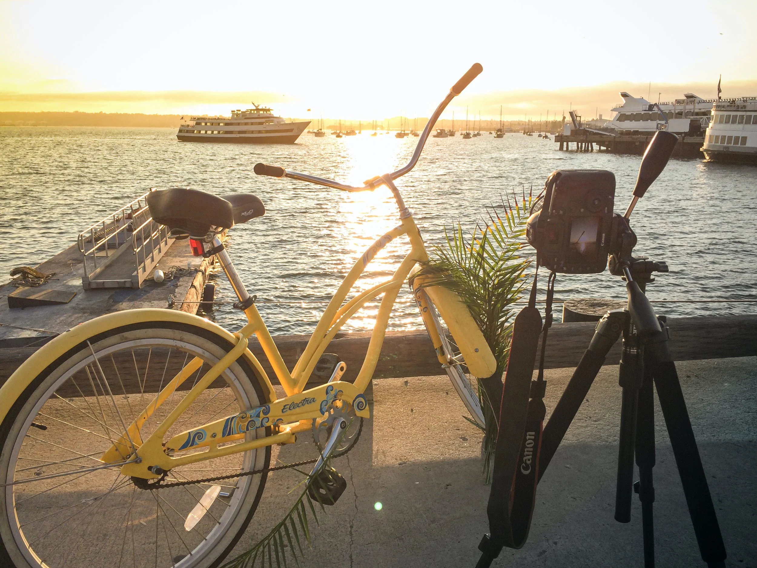 Hotel Z custom visuals source shoot, branded bicycle and camera at San Diego bayside sunset