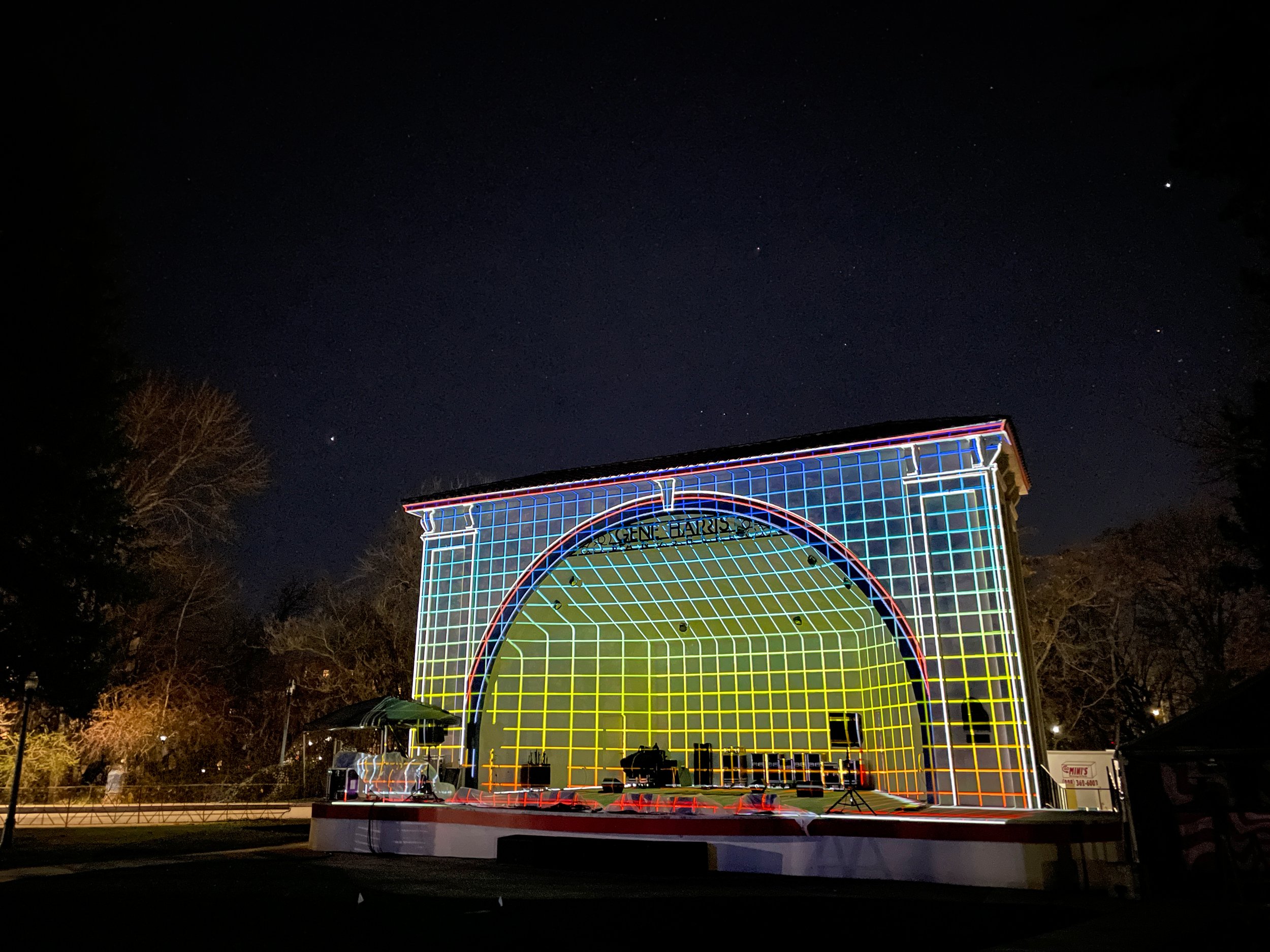 Projection mapping calibration grid on the Gene Harris Bandshell, Treefort Music Fest, Boise, wireframe map at night.