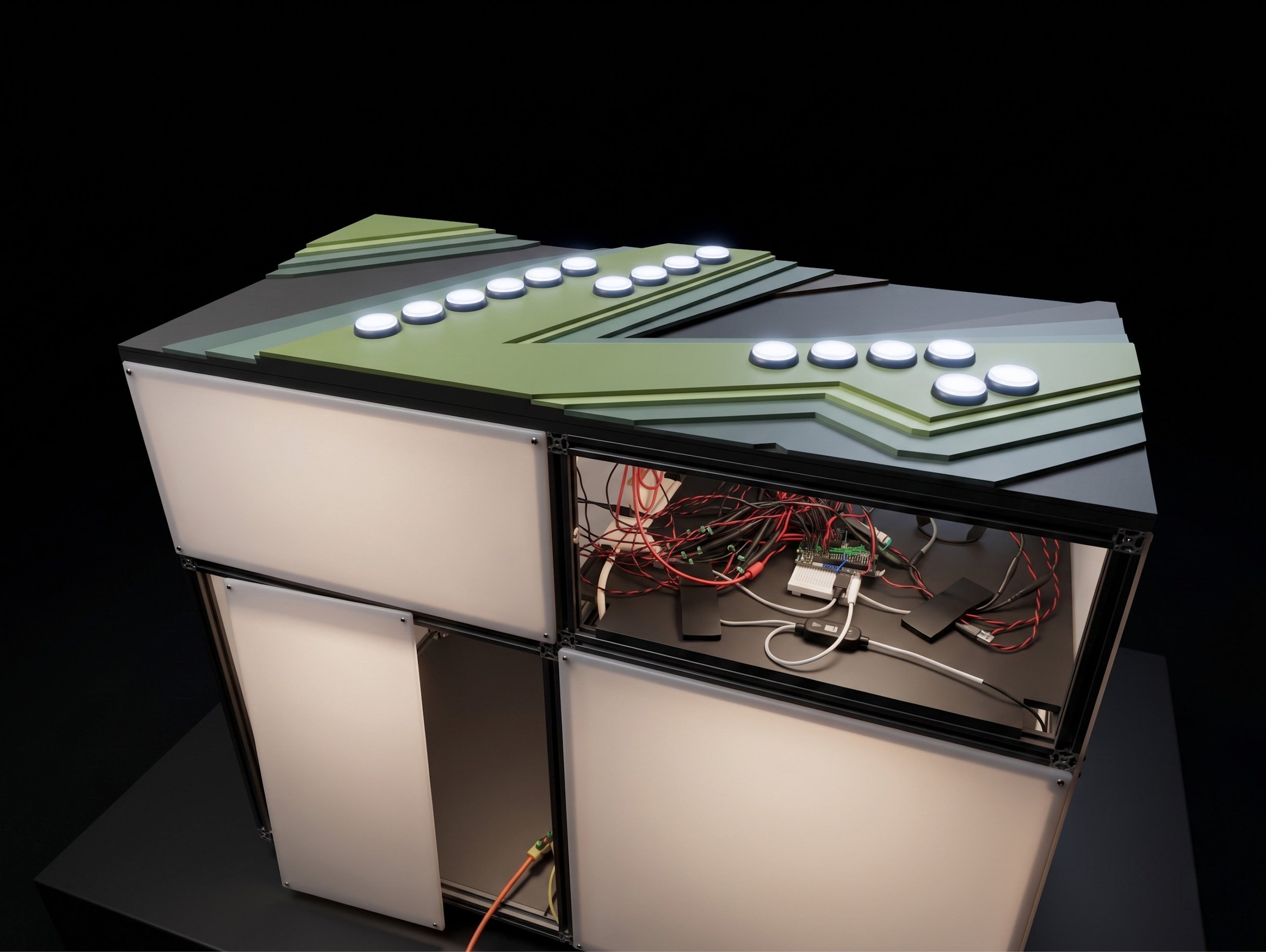 SAM Lights 2017 at Seattle Olympic Sculpture Park, interactive button kiosk with wiring panel exposed