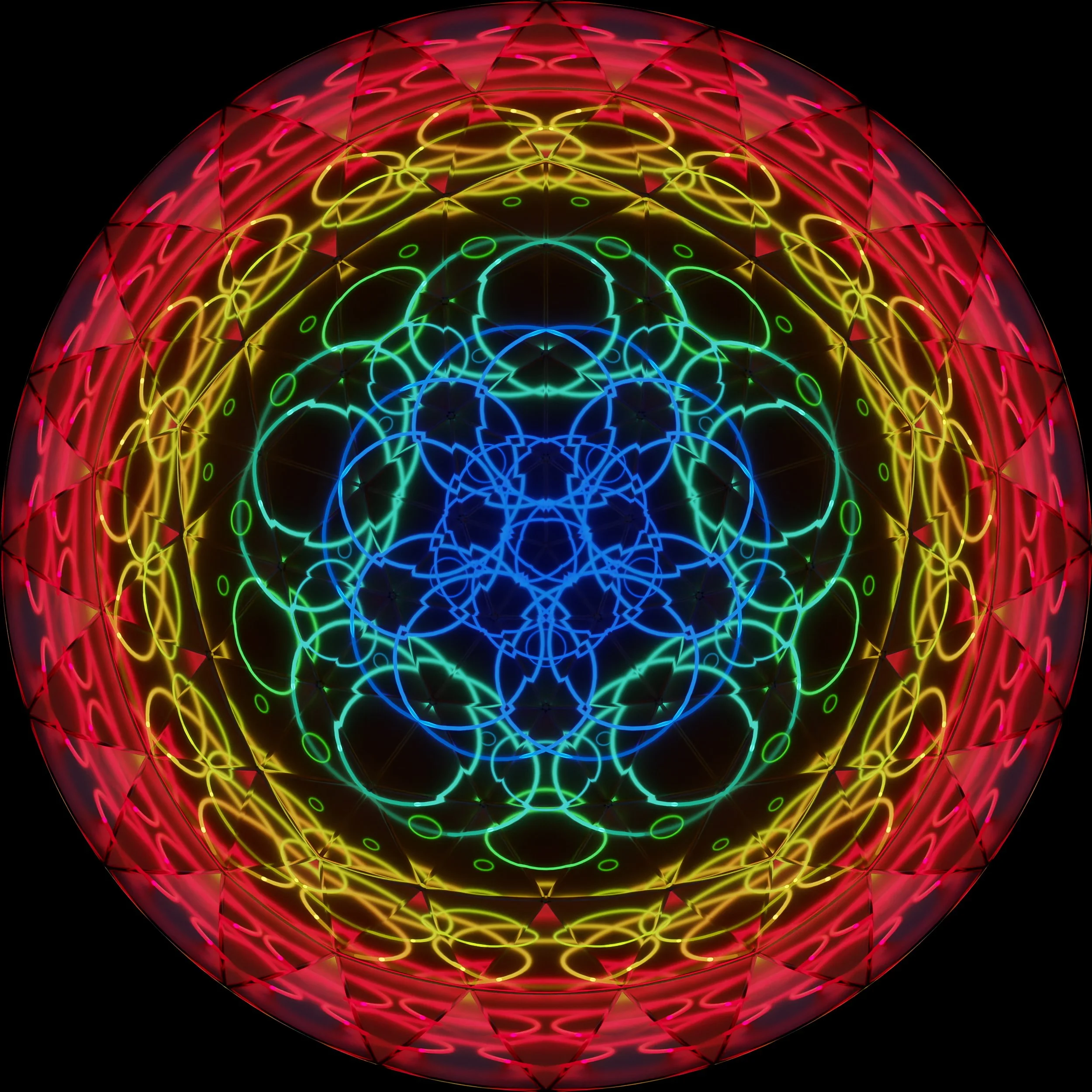 The Chromadome custom visuals in Winston-Salem, North Carolina, a fisheye mandala ringed red to blue toward center.