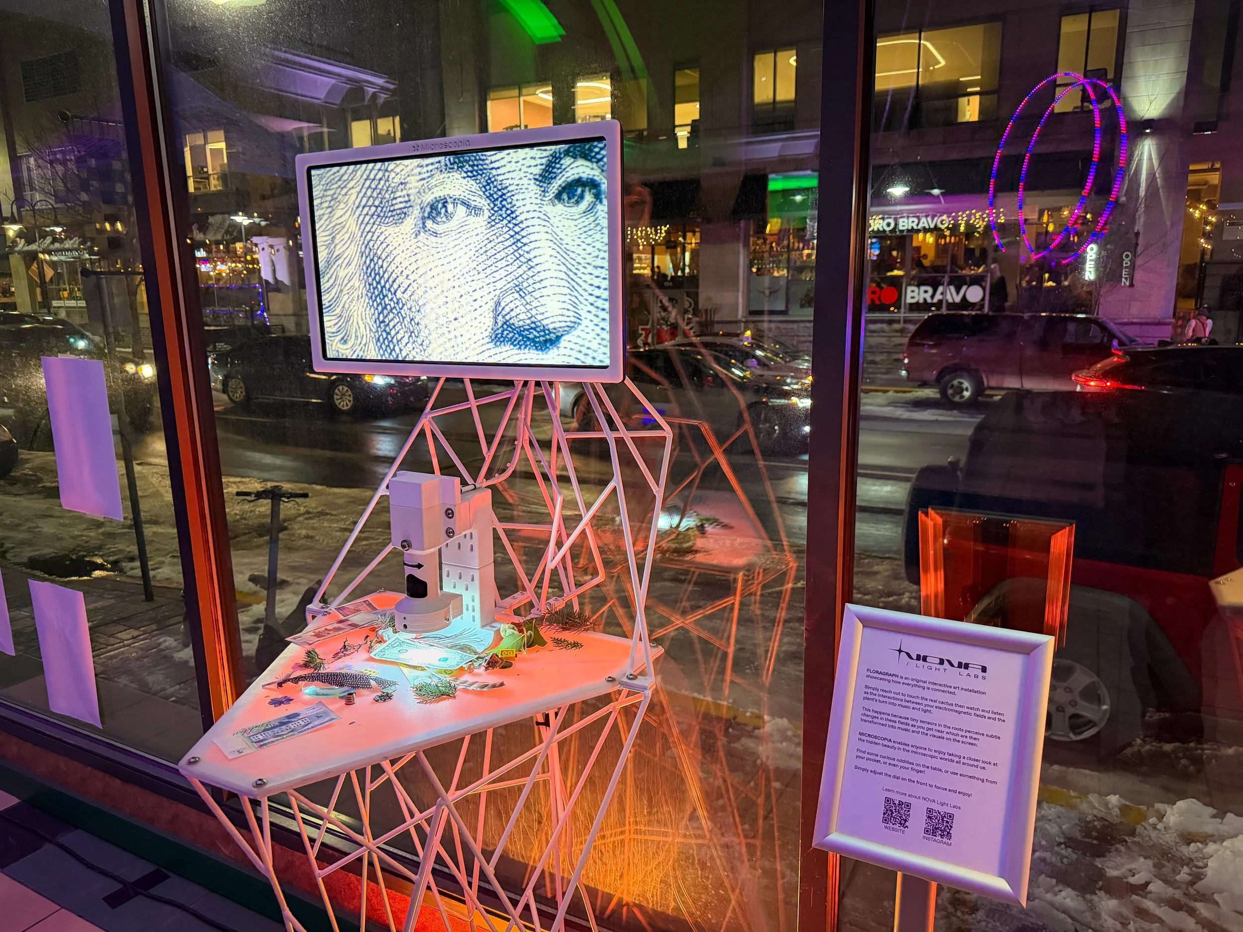 Microscope on a white wire frame sculpture in a Reno storefront window, screen showing a magnified dollar bill portrait.