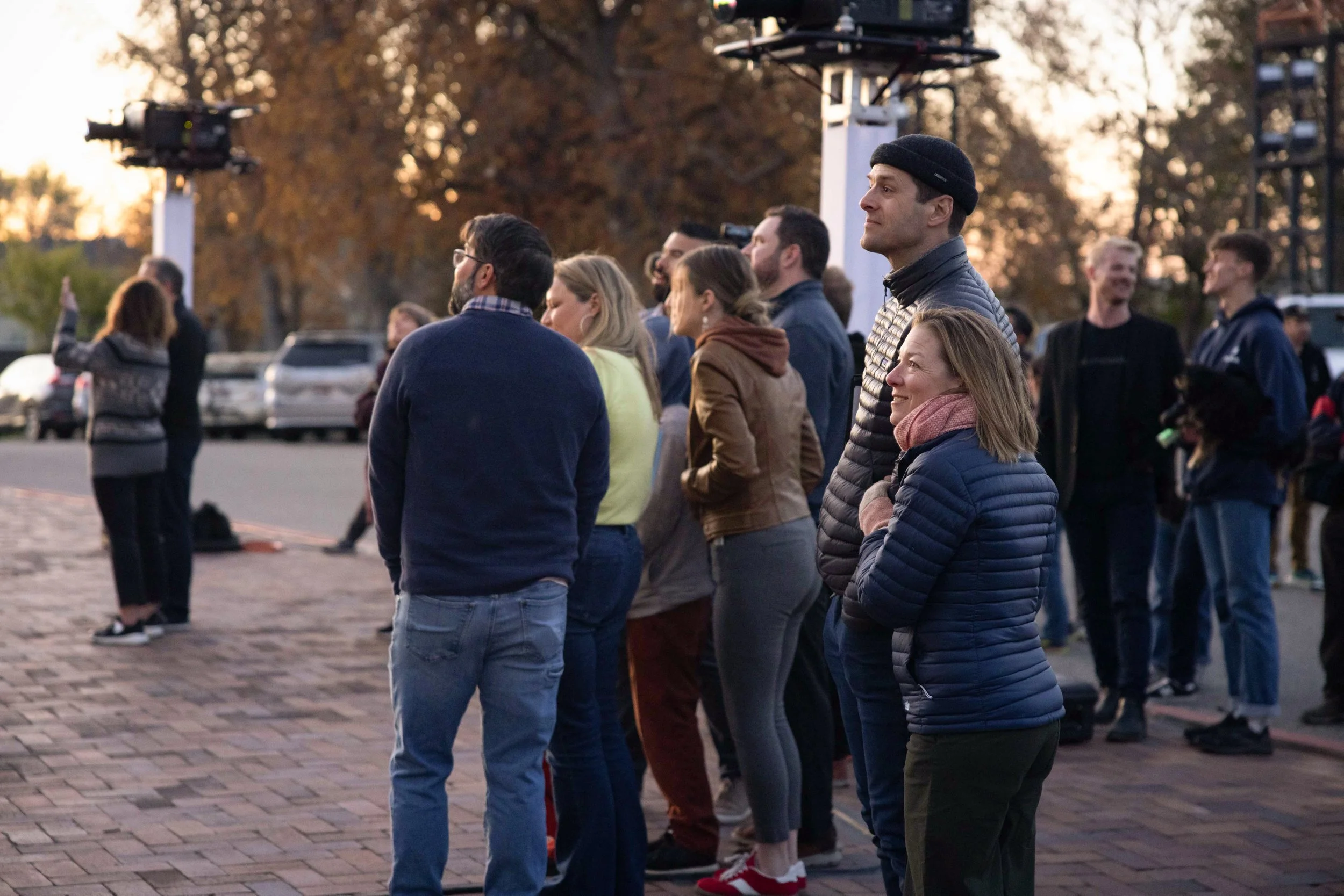 Boise Depot 100th anniversary projection mapping, crowd watching the lit facade at golden hour